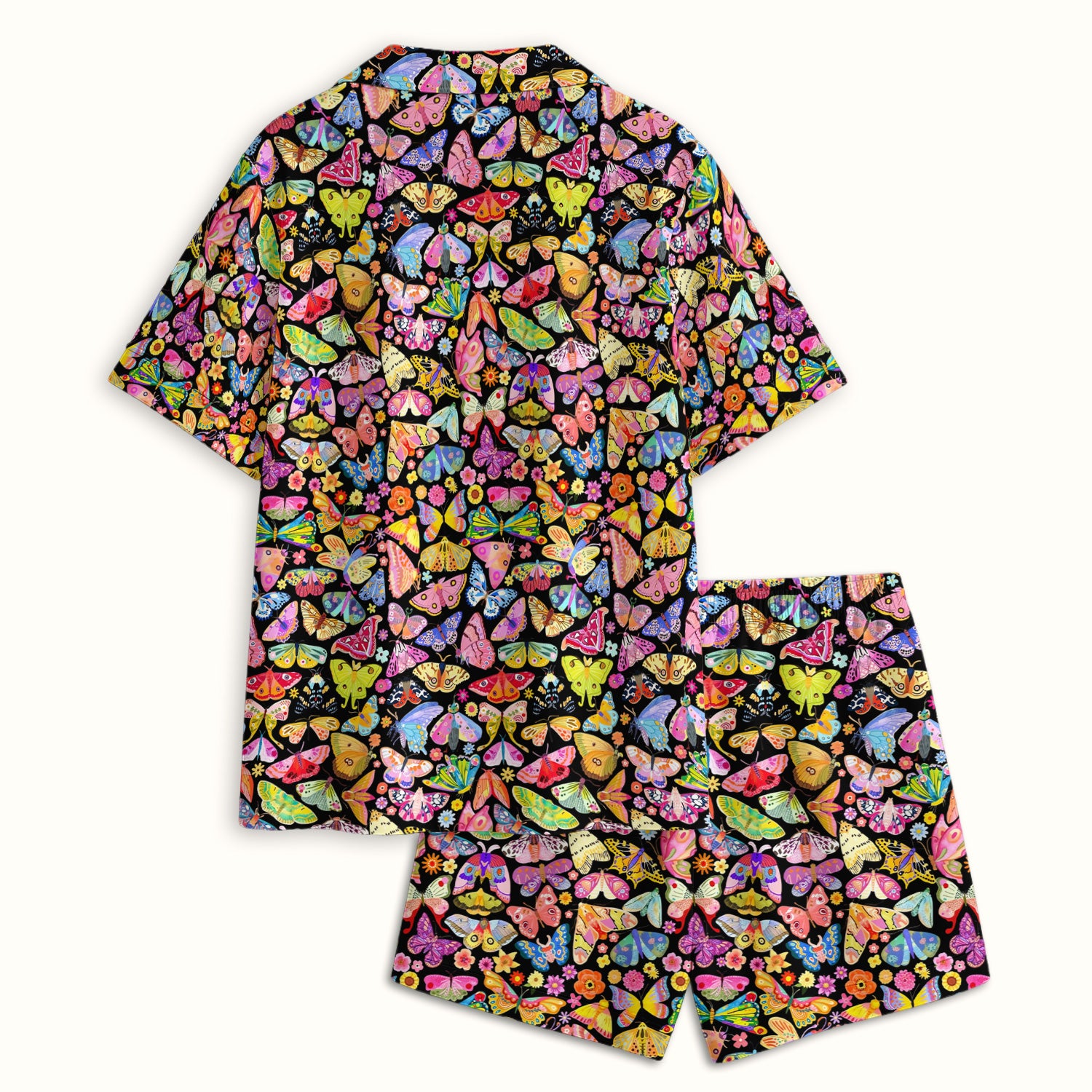 Cute Bright Butterfly Moth Floral Pajama Set, Soft Breathable Fabric Comfortable Sleepwear