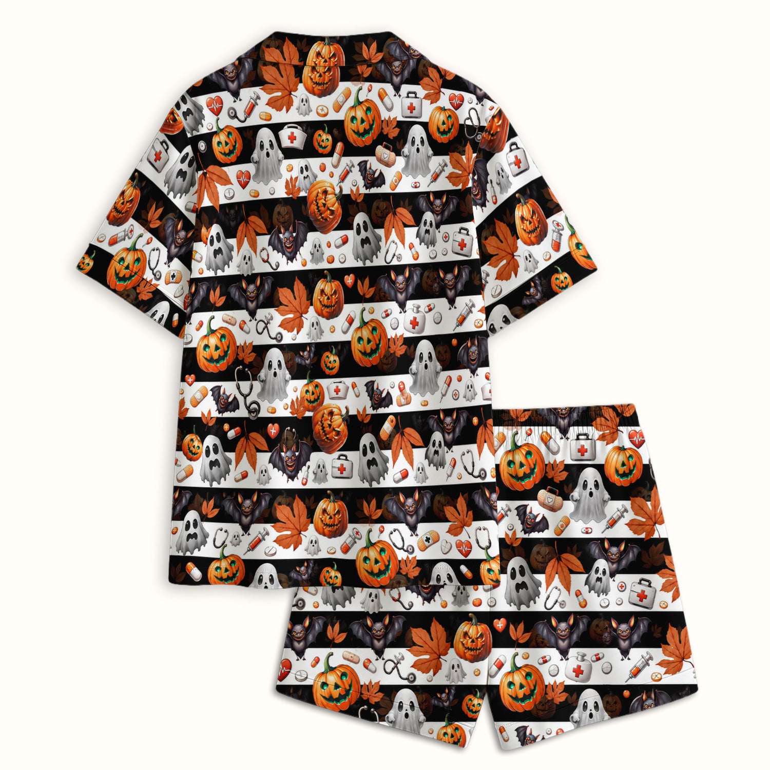 Halloween Ghost And Medical Icons Pajama Set, Soft Breathable Fabric Comfortable Sleepwear