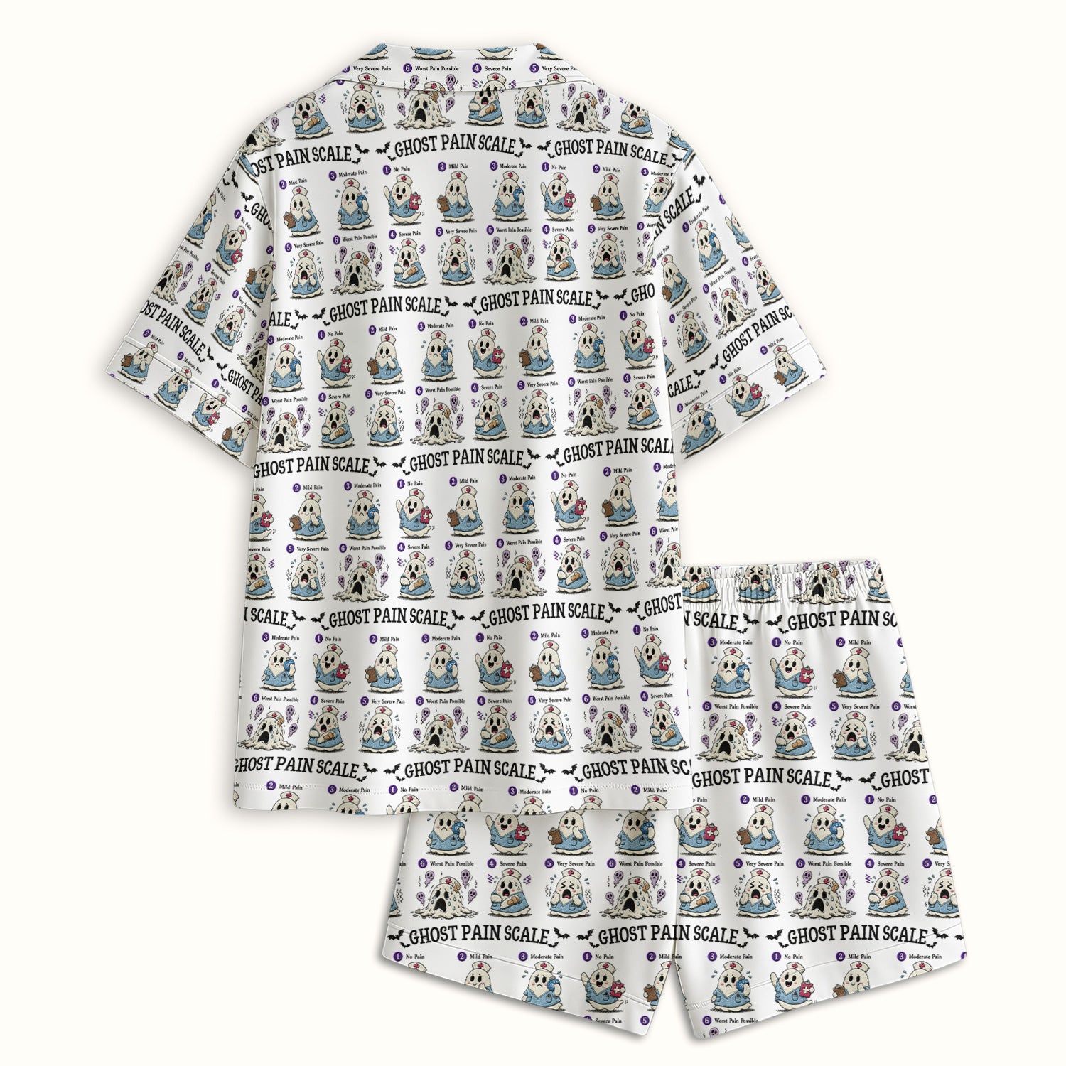 Funny Ghost Pain Scale Pattern Pajama Set, Soft Breathable Fabric Comfortable Sleepwear