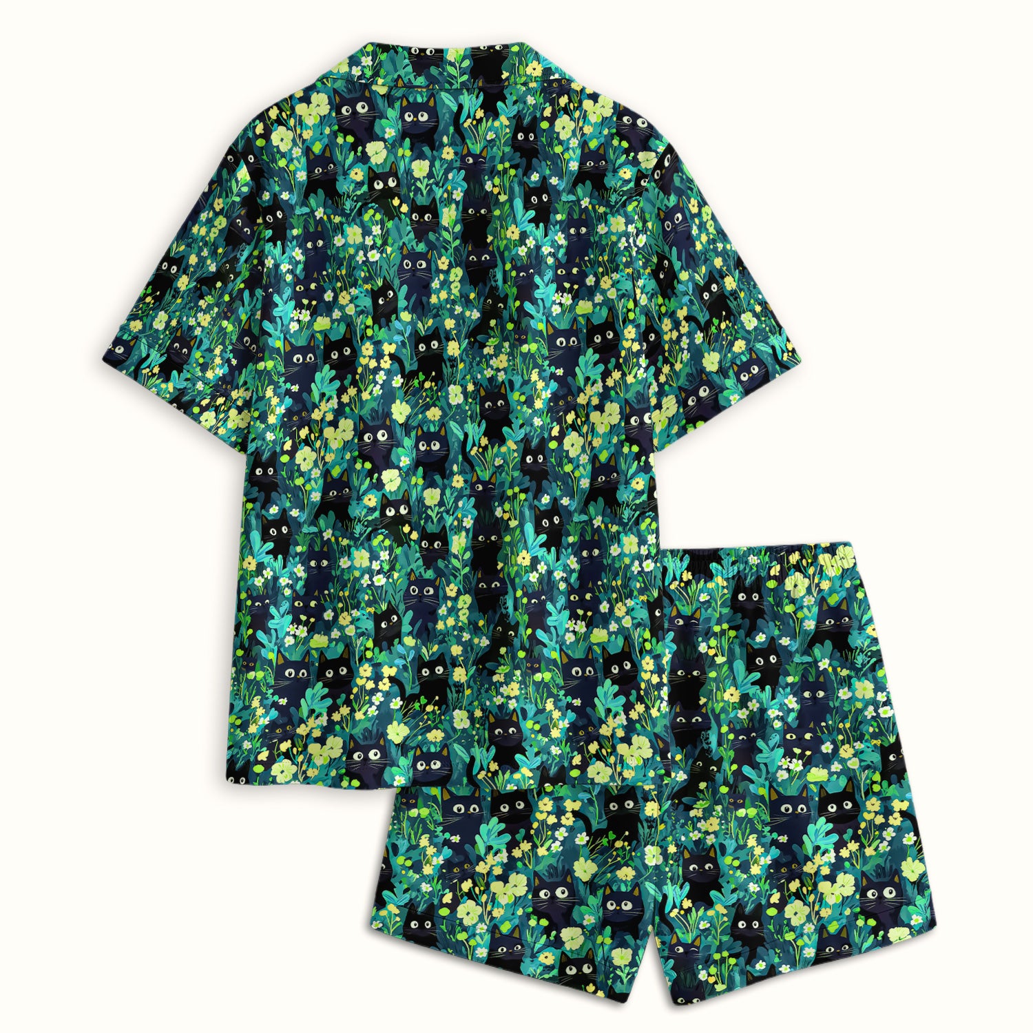 Black Cat Floral Pattern Pajama Set, Soft Breathable Fabric Comfortable Sleepwear