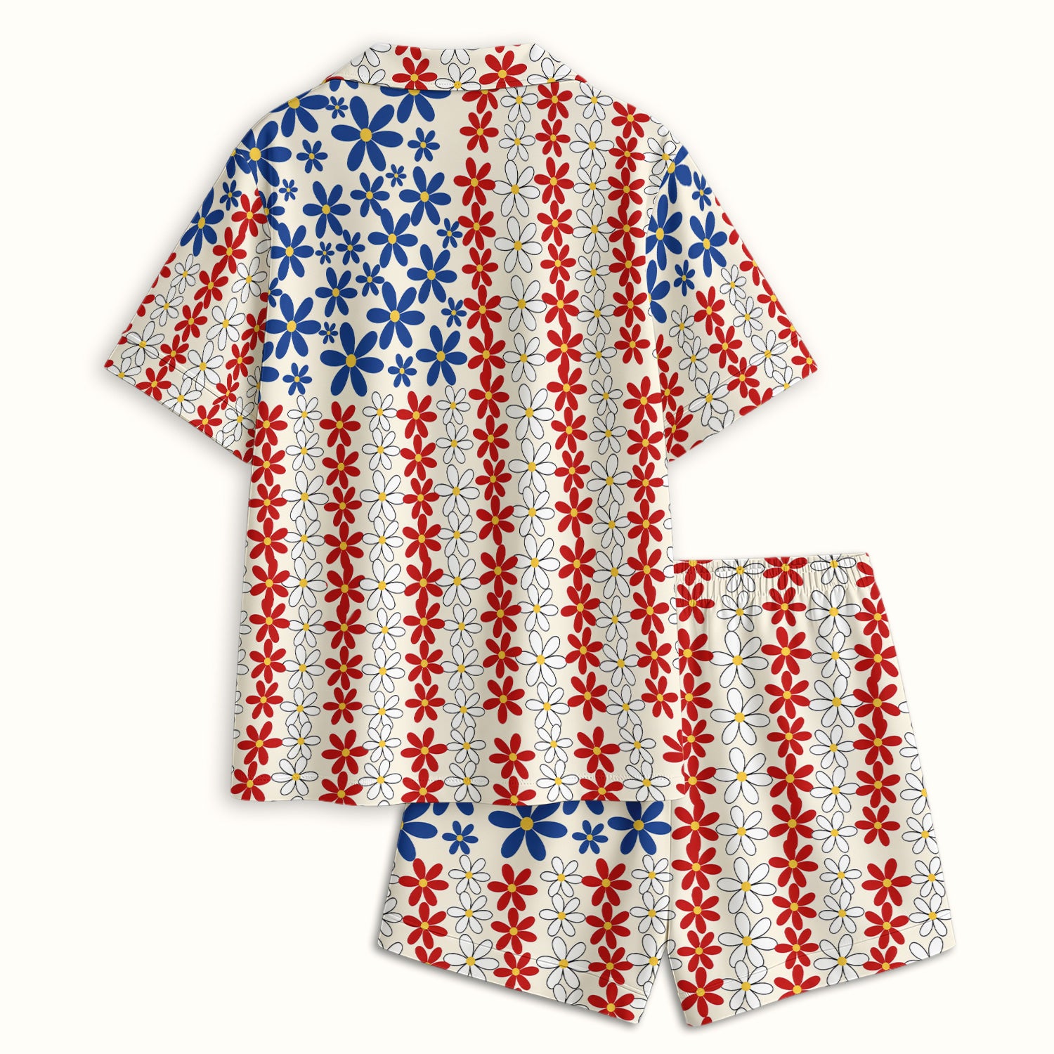 Retro Red Blue Daisy Stripe Pattern Pajama Set, Soft Breathable Fabric Comfortable Sleepwear