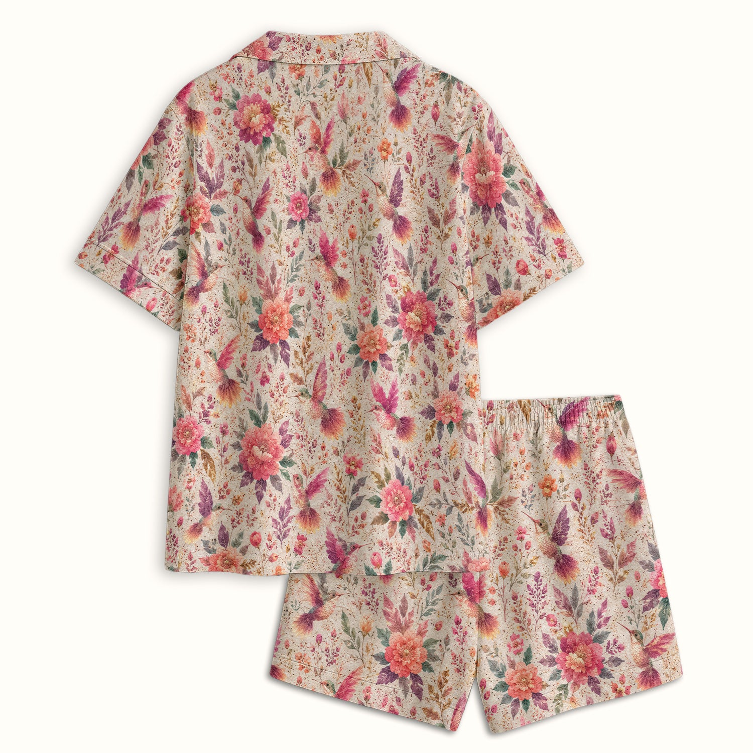 Hummingbird Floral Garden Pattern Pajama Set, Soft Breathable Fabric Comfortable Sleepwear