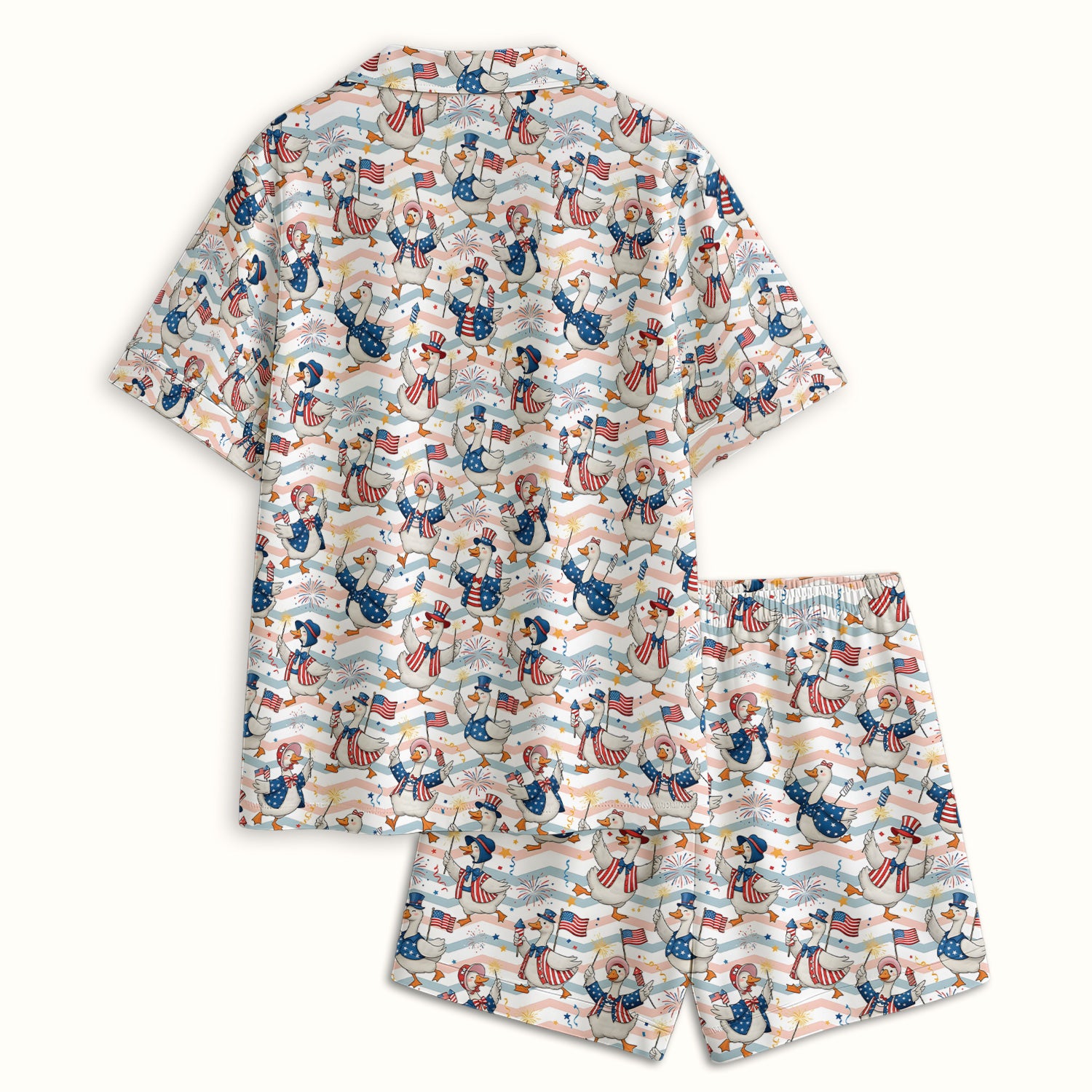 Patriotic Goose Fireworks Parade Pattern Pajama Set, Soft Breathable Fabric Comfortable Sleepwear
