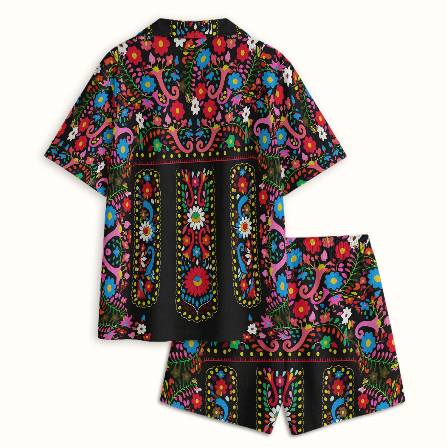 Colorful Folk Art Floral Pattern Pajama Set, Soft Breathable Fabric Comfortable Sleepwear