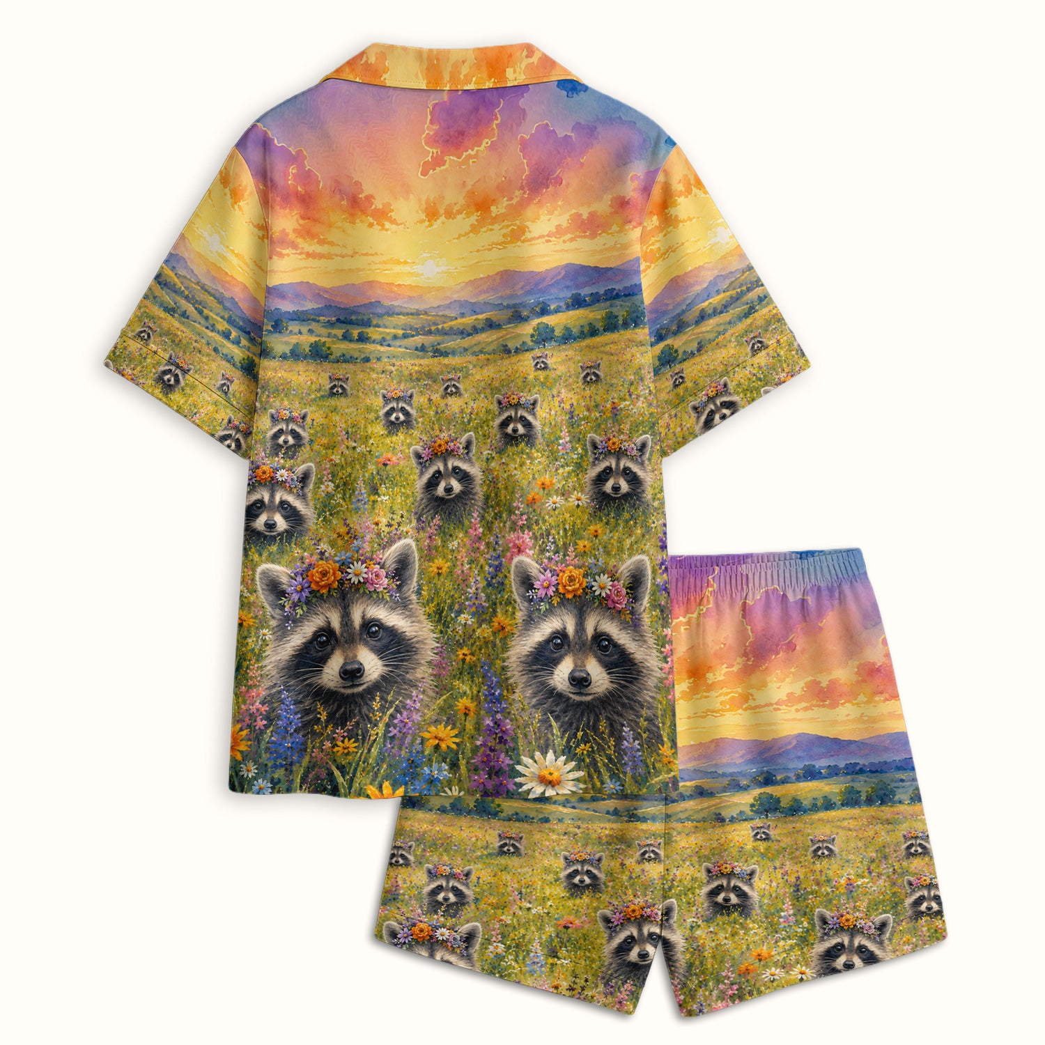 Floral Raccoon Meadow Veterinary Nurse Pattern Pajama Set, Soft Breathable Fabric Comfortable Sleepwear