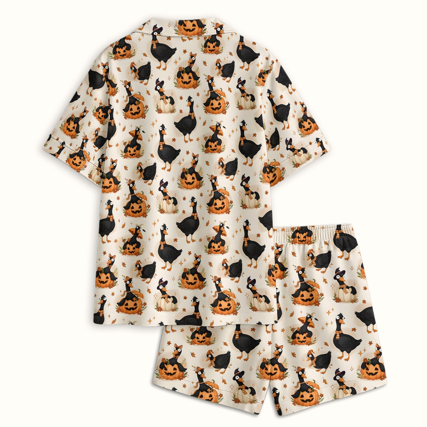 Pumpkin Black Goose Print Pajama Set, Soft Breathable Fabric Comfortable Sleepwear