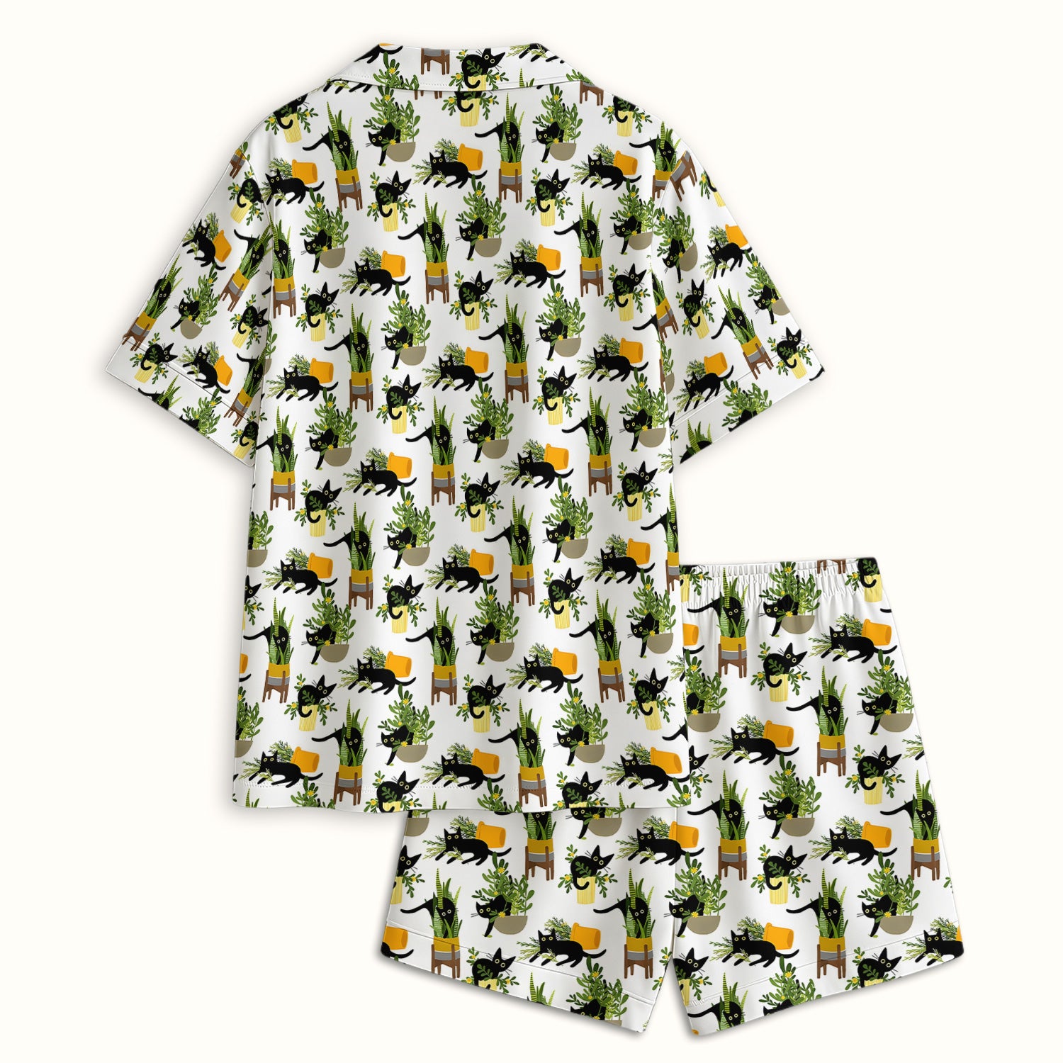 Black Cat Plant Pots Pattern Pajama Set, Soft Breathable Fabric Comfortable Sleepwear