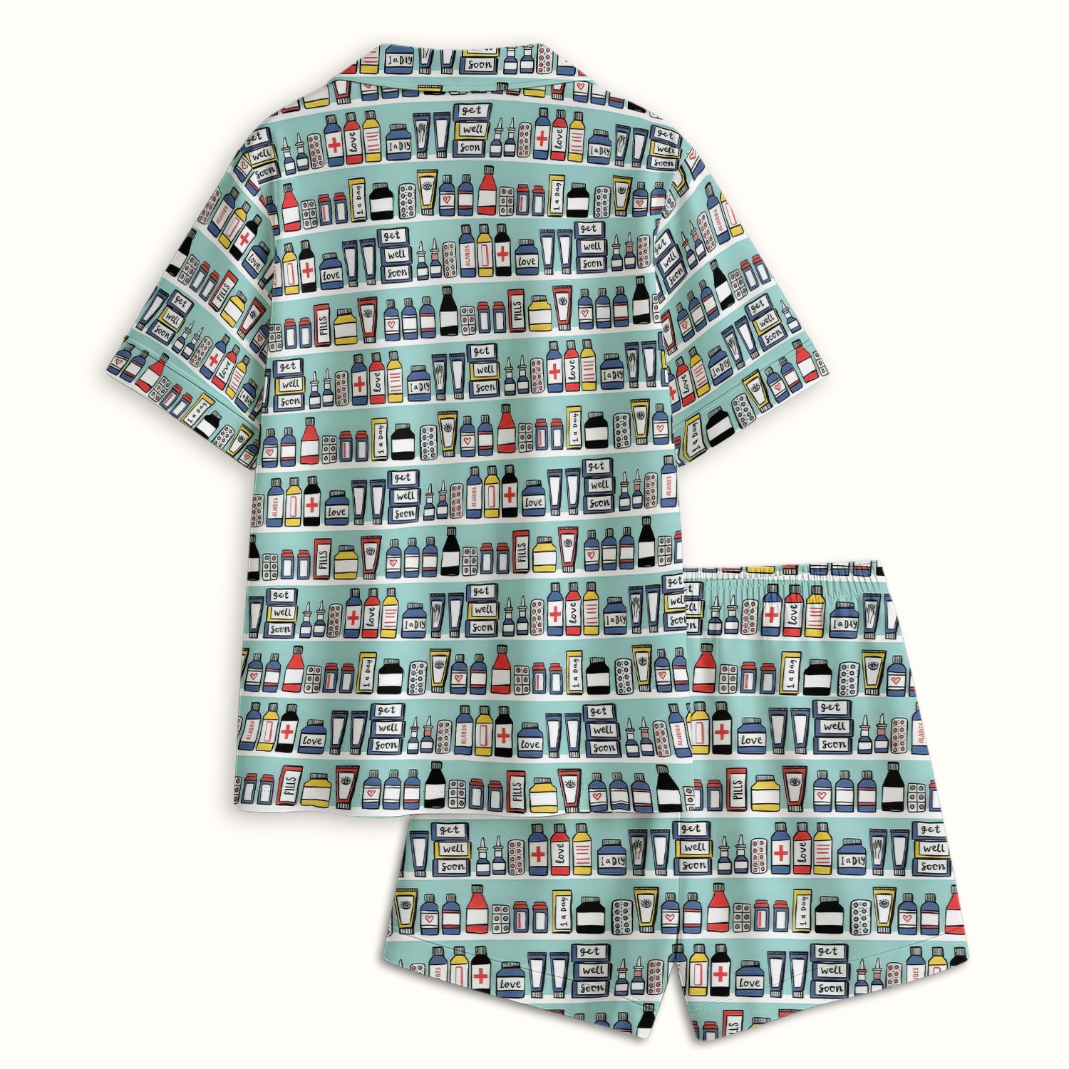 Medicine Bottle Pharmacy Pills Care Pattern Pajama Set, Breathable Fabrics Uniform