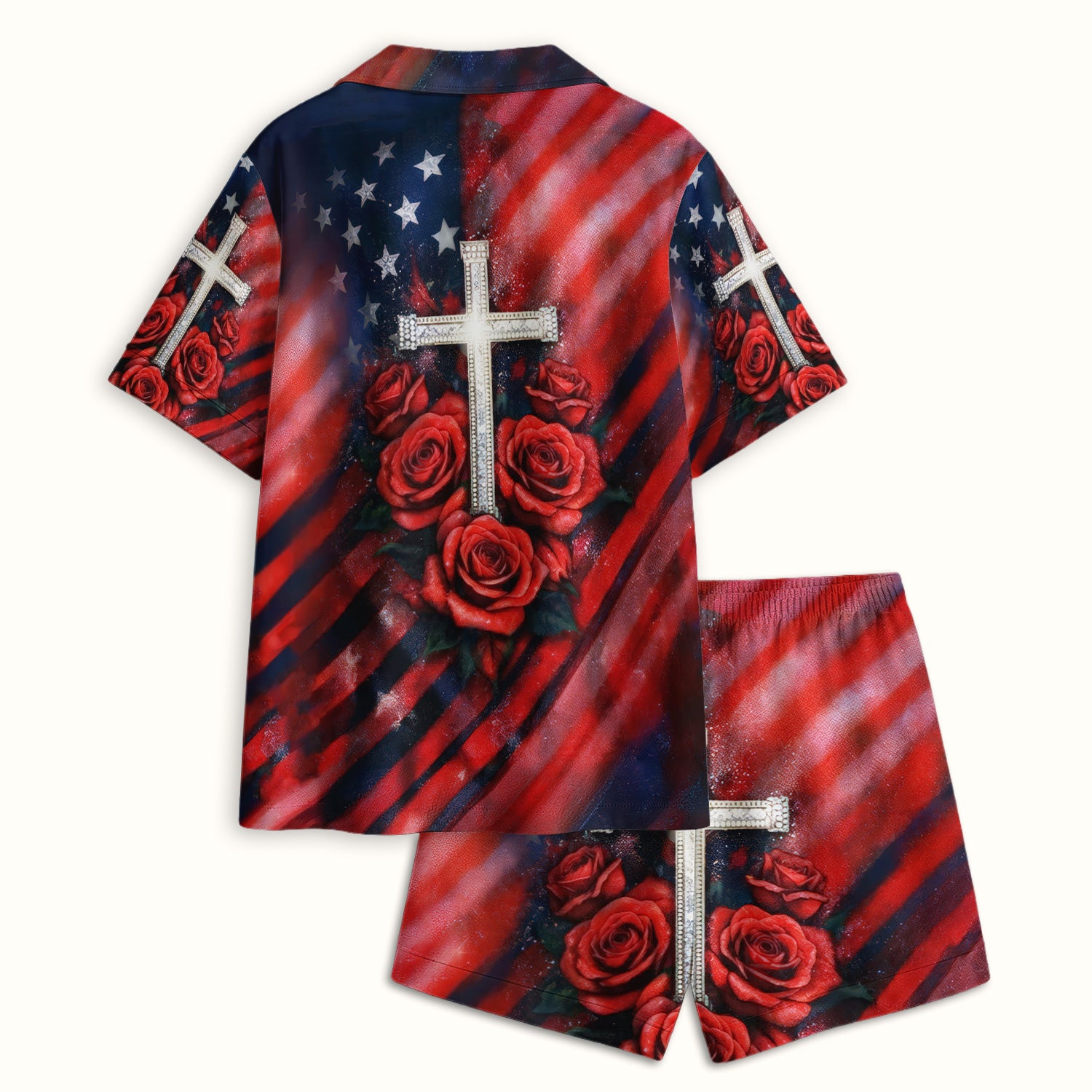 Custom Name Patriotic Cross Butterfly Rose Print Pajama Set, Soft Breathable Fabric Comfortable Sleepwear