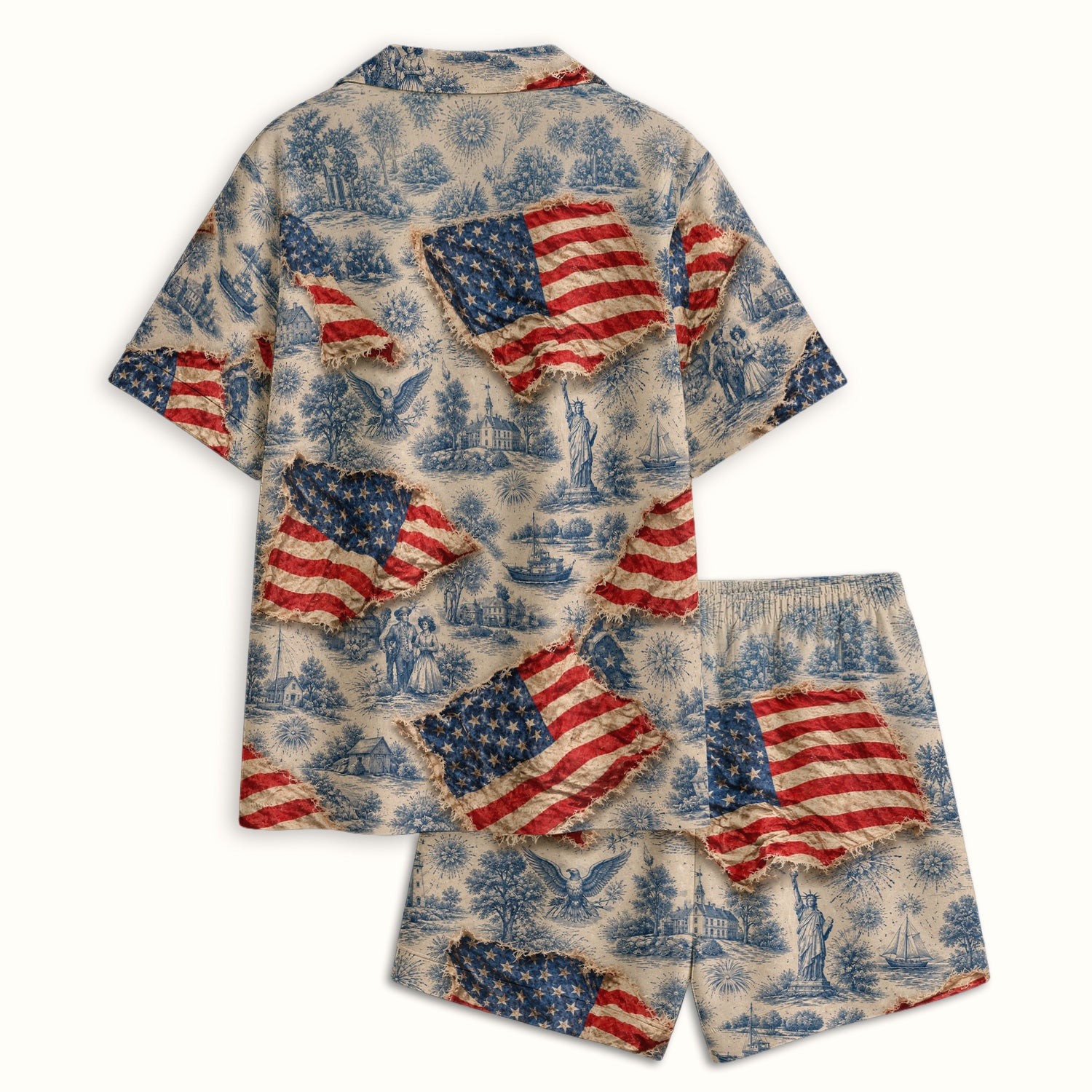 Vintage American Flag Toile Pattern Pajama Set, Soft Breathable Fabric Comfortable Sleepwear