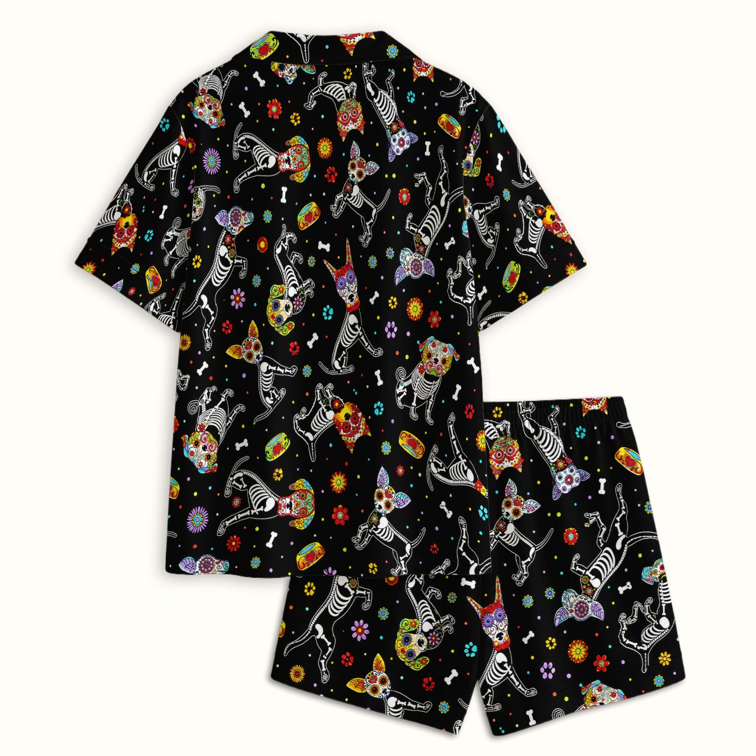 Colorful Day Of The Dead Dogs Pajama Set, Soft Breathable Fabric Comfortable Sleepwear