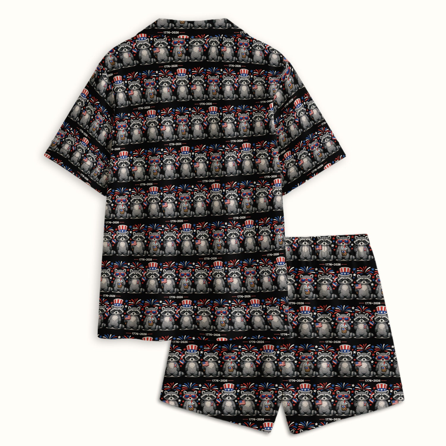 Patriotic Raccoon Fireworks Stripe Pattern Pajama Set, Soft Breathable Fabric Comfortable Sleepwear
