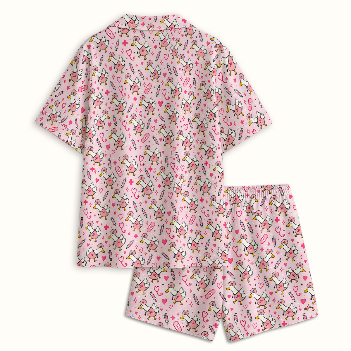 Pink Nurse Goose And Hearts Pajama Set, Soft Breathable Fabric Comfortable Sleepwear