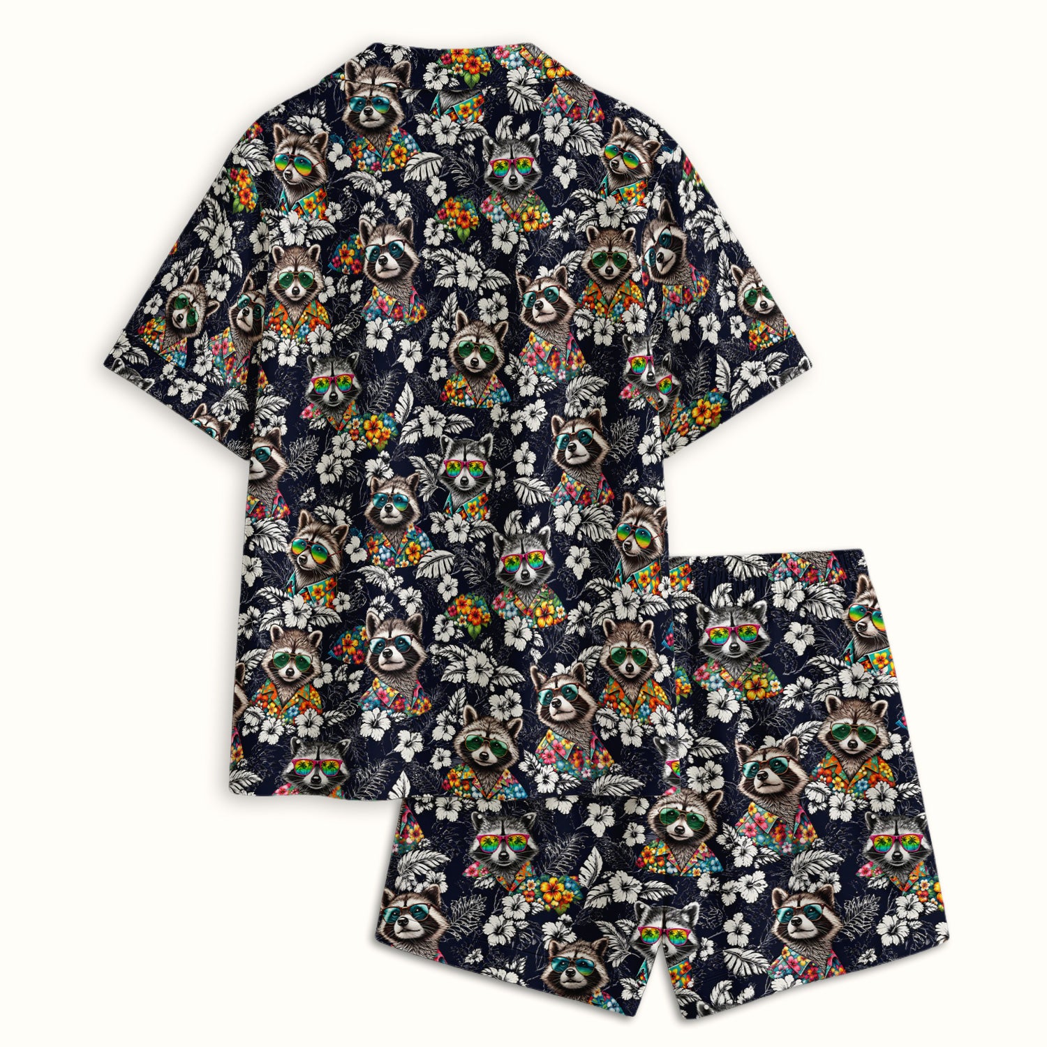 Tropical Raccoon Floral Pattern Pajama Set, Soft Breathable Fabric Comfortable Sleepwear