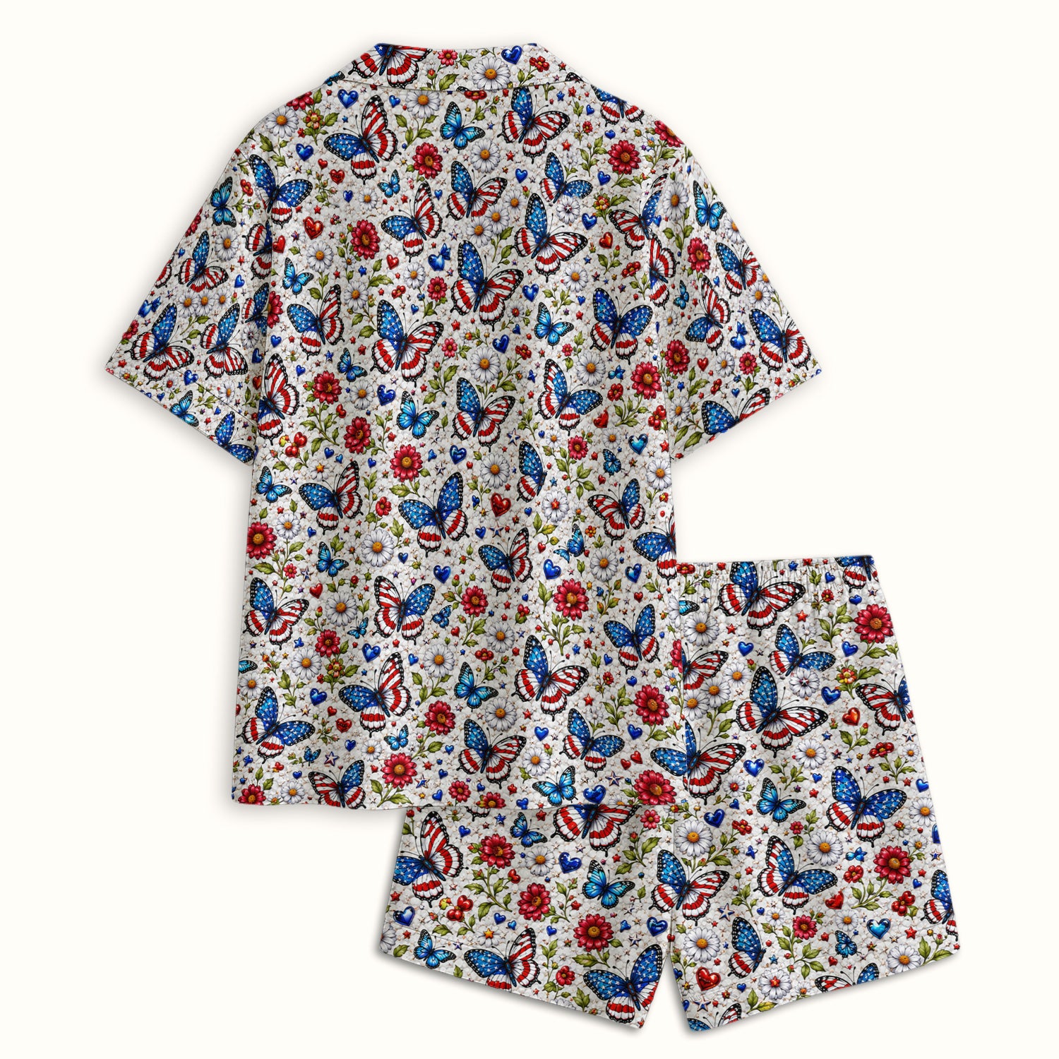 Patriotic Butterfly Daisy Heart Pattern Pajama Set, Soft Breathable Fabric Comfortable Sleepwear