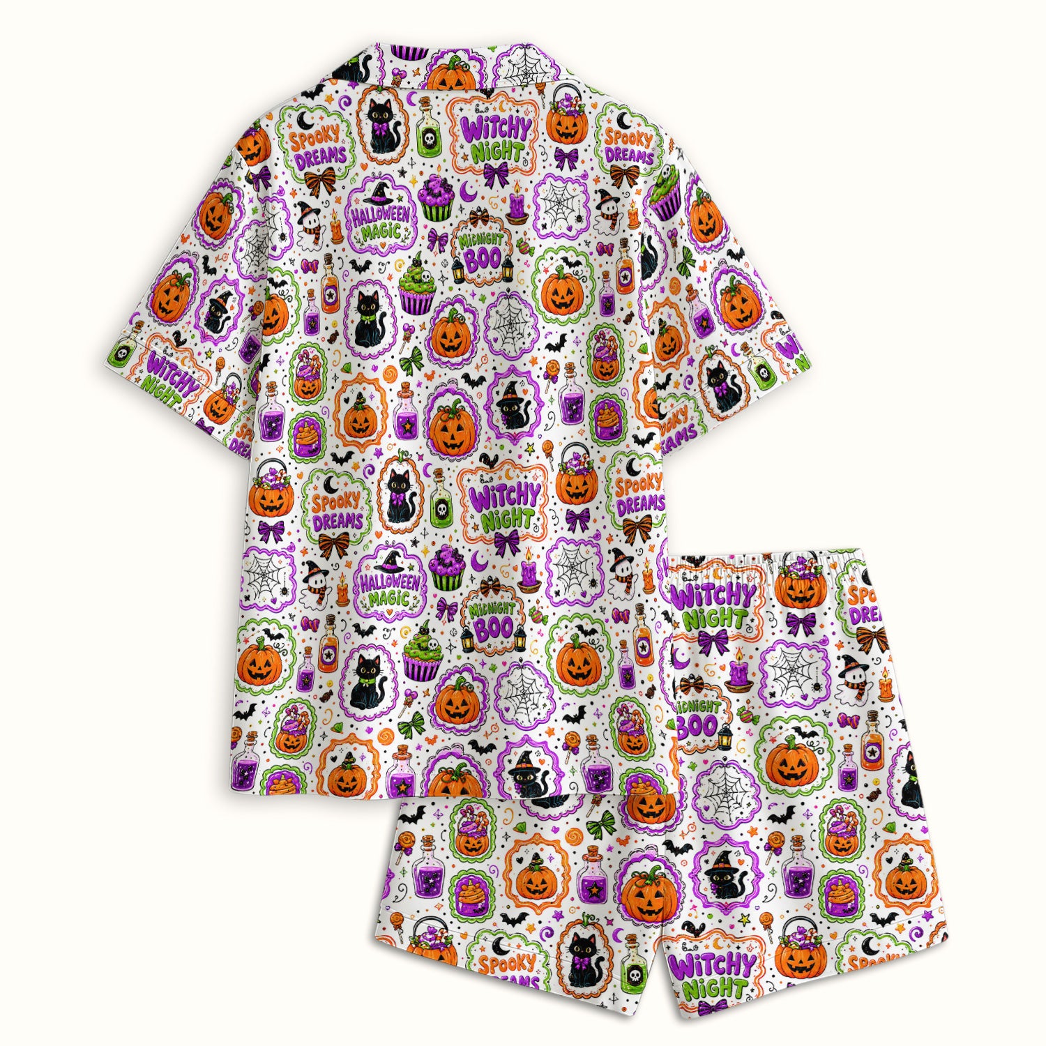 Witchy Halloween Magic And Pumpkins Pajama Set, Soft Breathable Fabric Comfortable Sleepwear