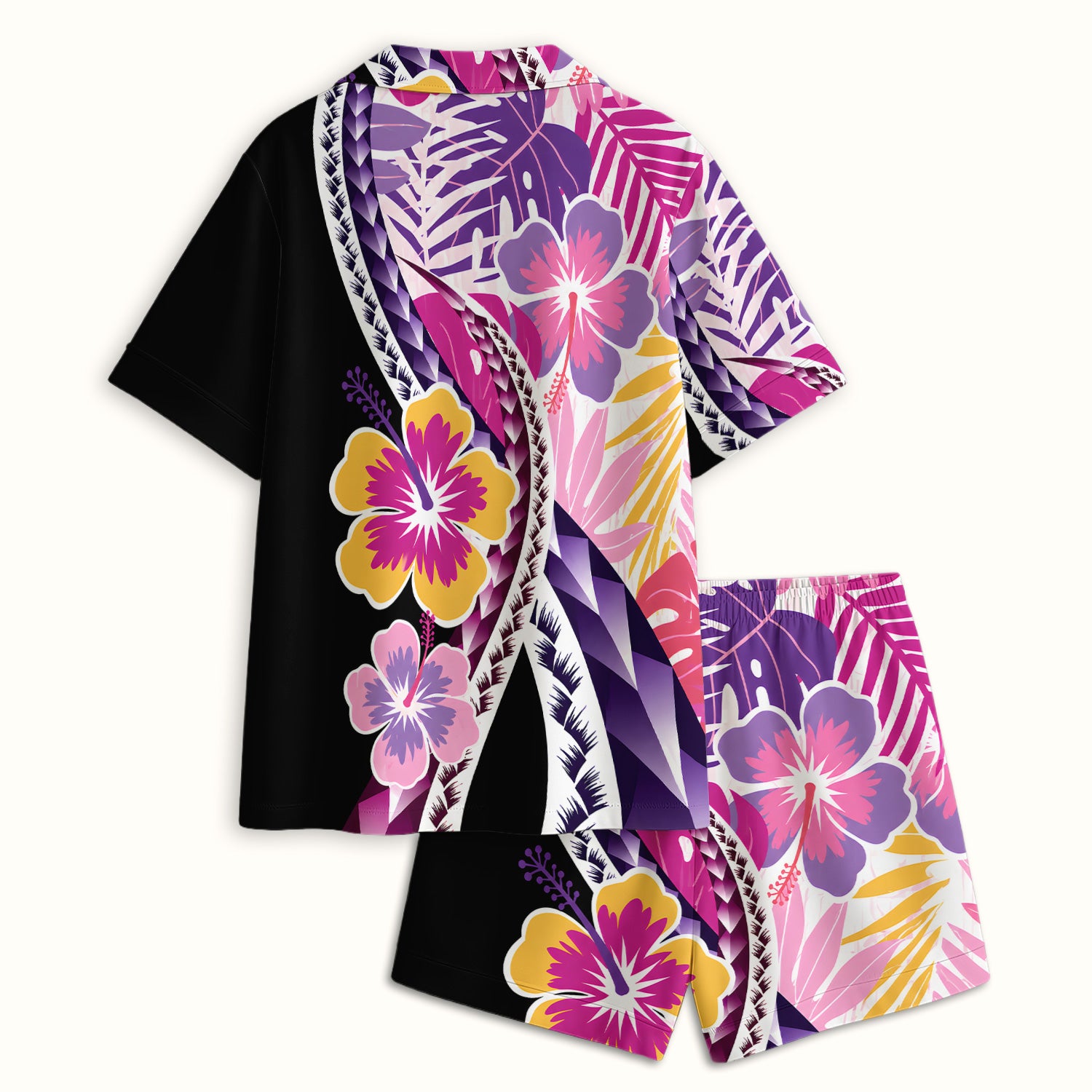 Nurse Tropical Hibiscus Leaf Pattern Pajama Set, Soft Breathable Fabric Comfortable Sleepwear