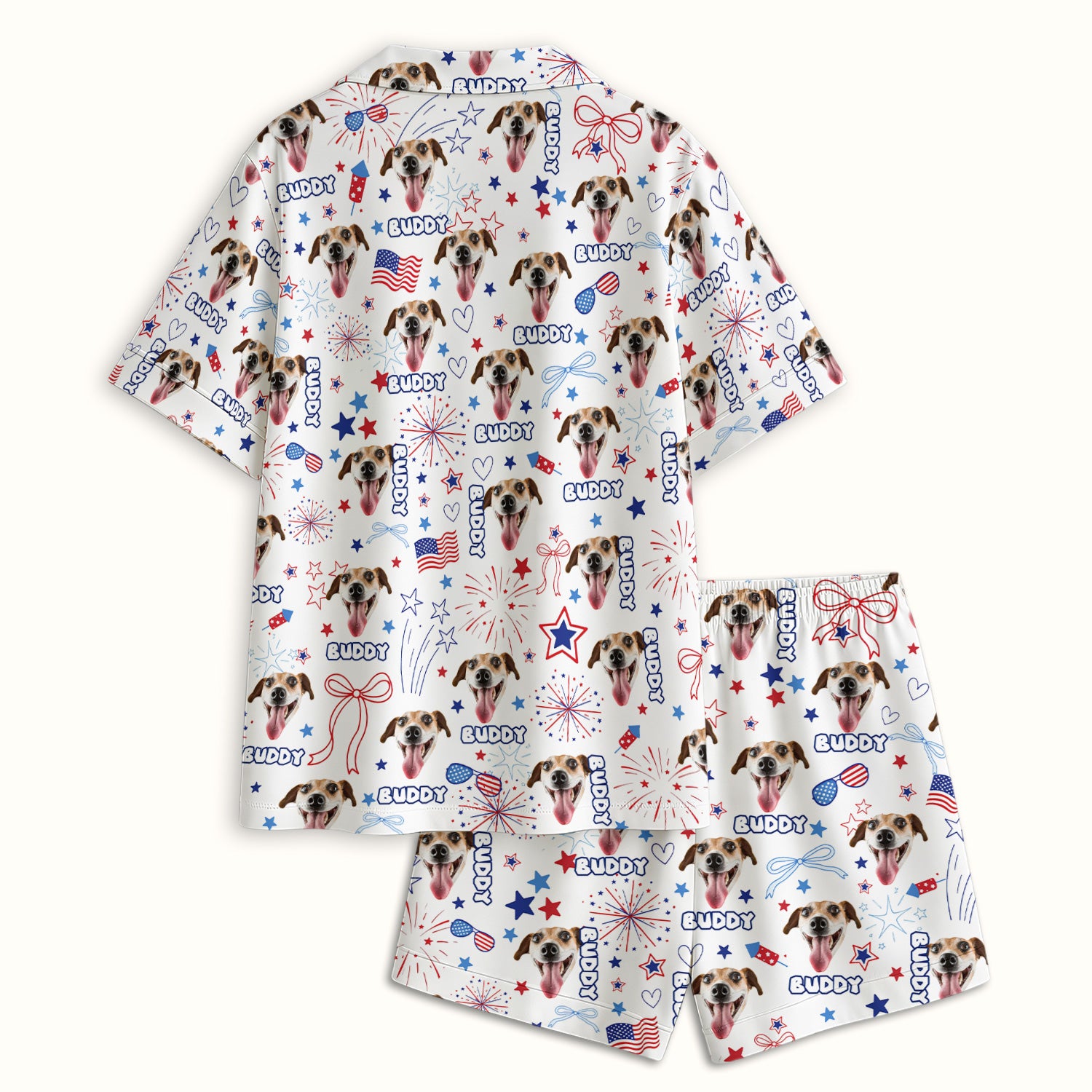 Personalized Patriotic Dog Face Name Pattern Pajama Set, Soft Breathable Fabric Comfortable Sleepwear