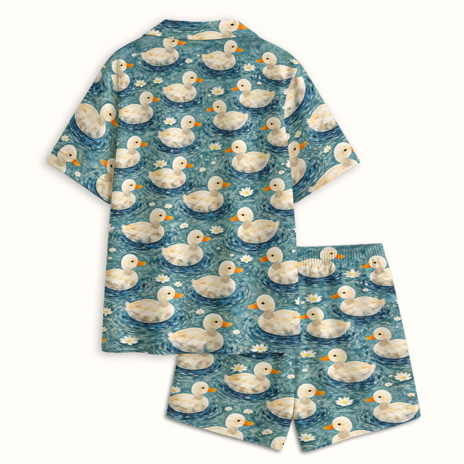 Charming Duck Pond Pattern Pajama Set, Soft Breathable Fabric Comfortable Sleepwear