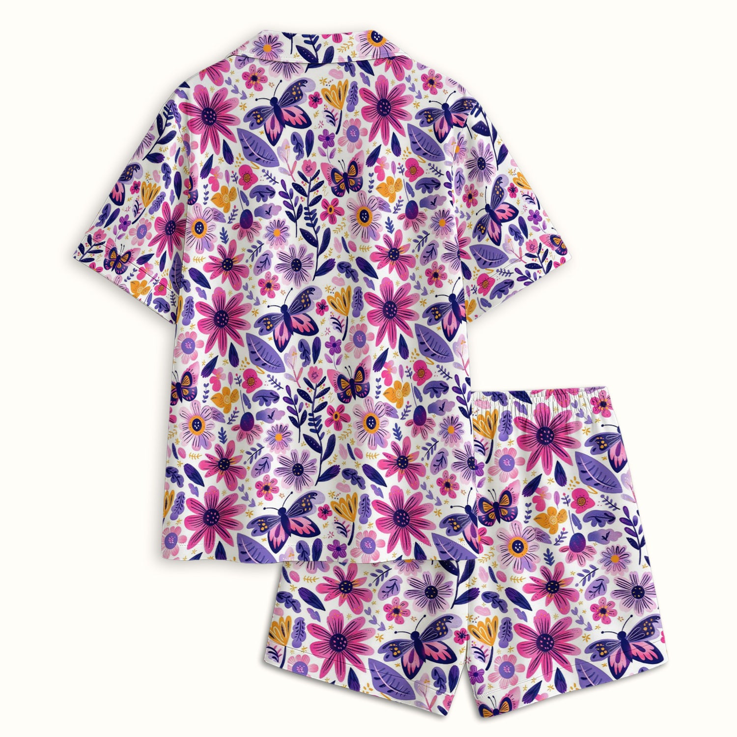 Cute Butterfly Wildflower Garden Pattern Pajama Set, Soft Breathable Fabric Comfortable Sleepwear