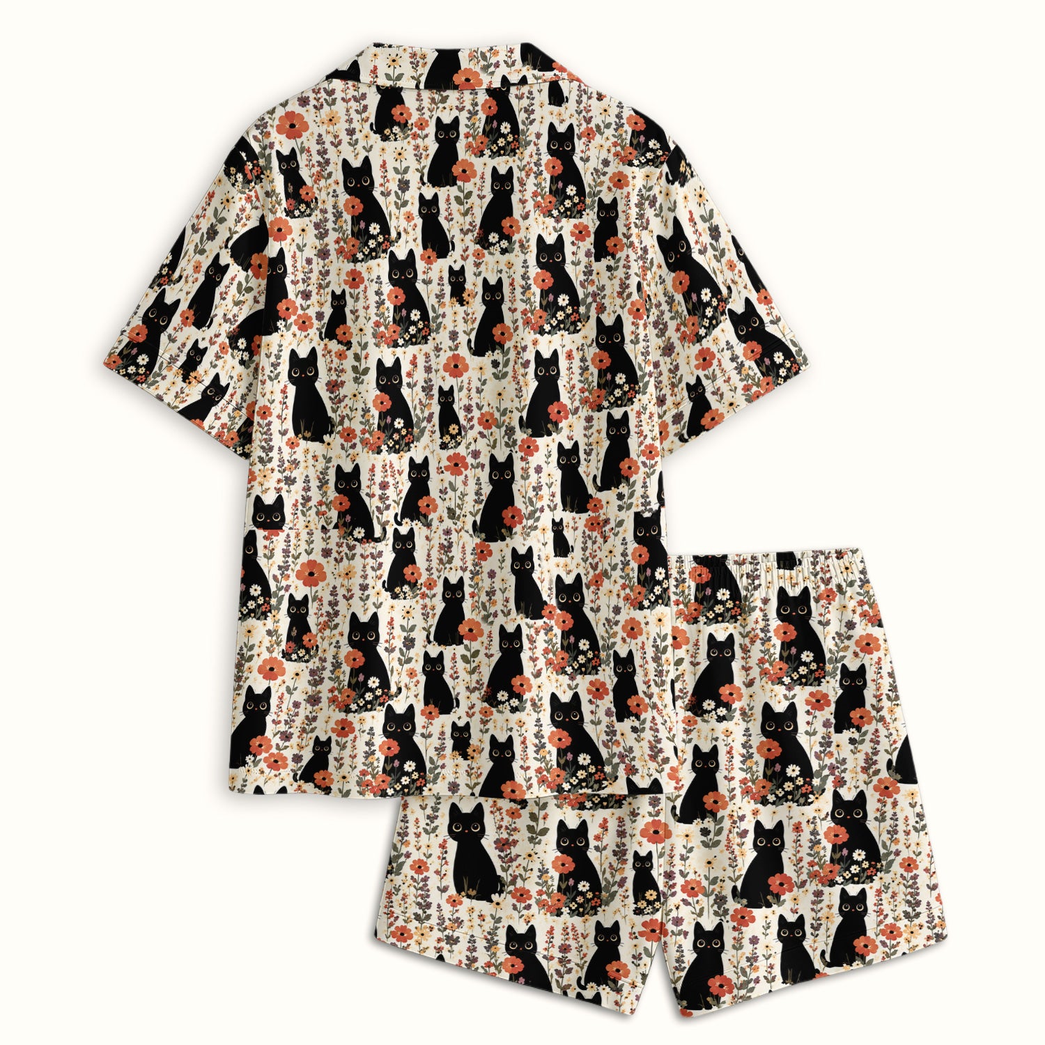 Cute Black Cat Wildflower Pattern Pajama Set, Soft Breathable Fabric Comfortable Sleepwear