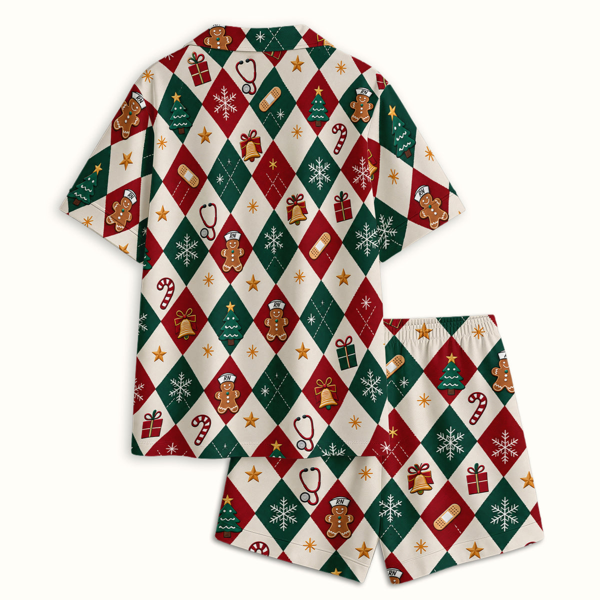 Christmas Gingerbread Nurse Argyle Pajama Set, Soft Breathable Fabric Comfortable Sleepwear