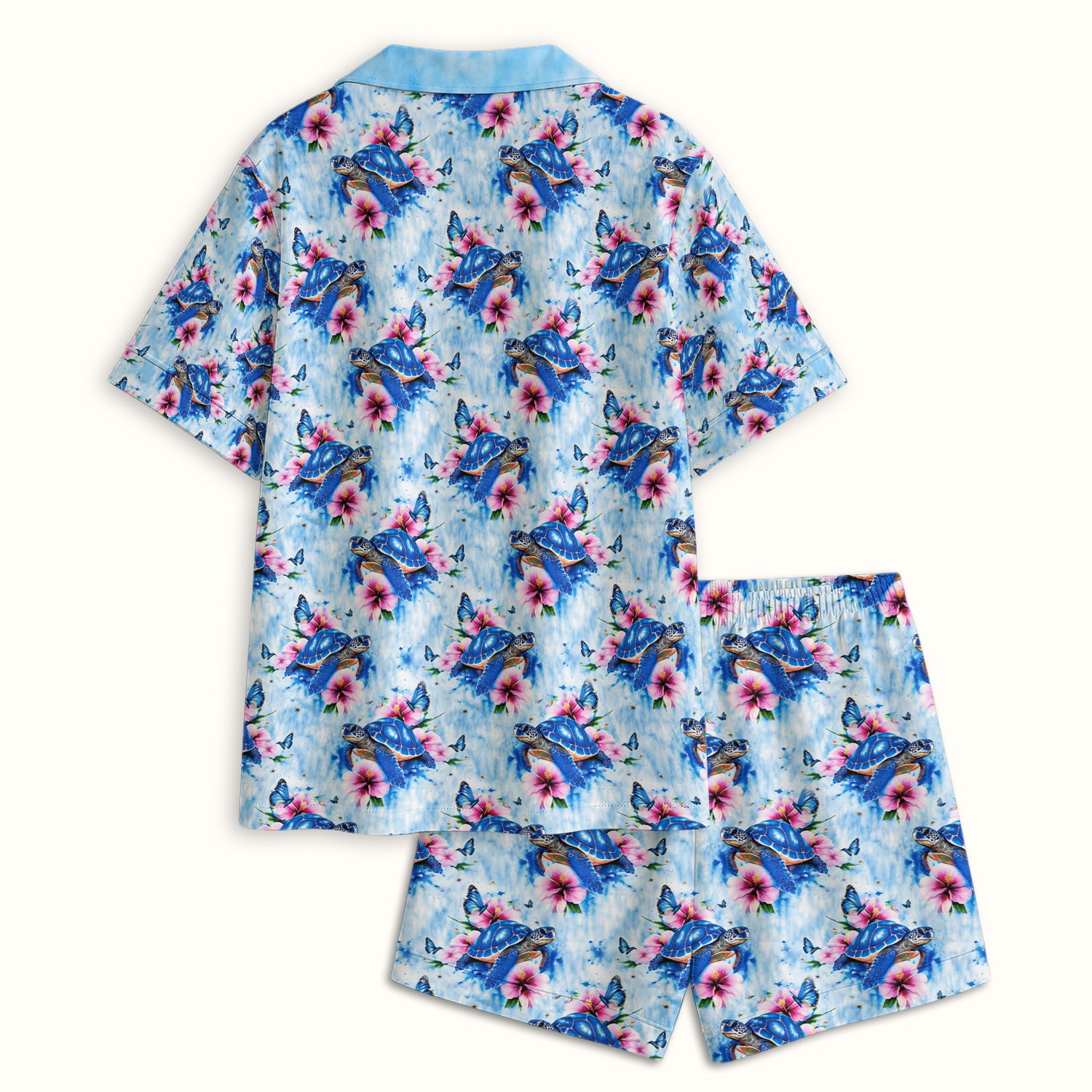 Blue Sea Turtle Hibiscus Butterfly Print Pajama Set, Soft Breathable Fabric Comfortable Sleepwear