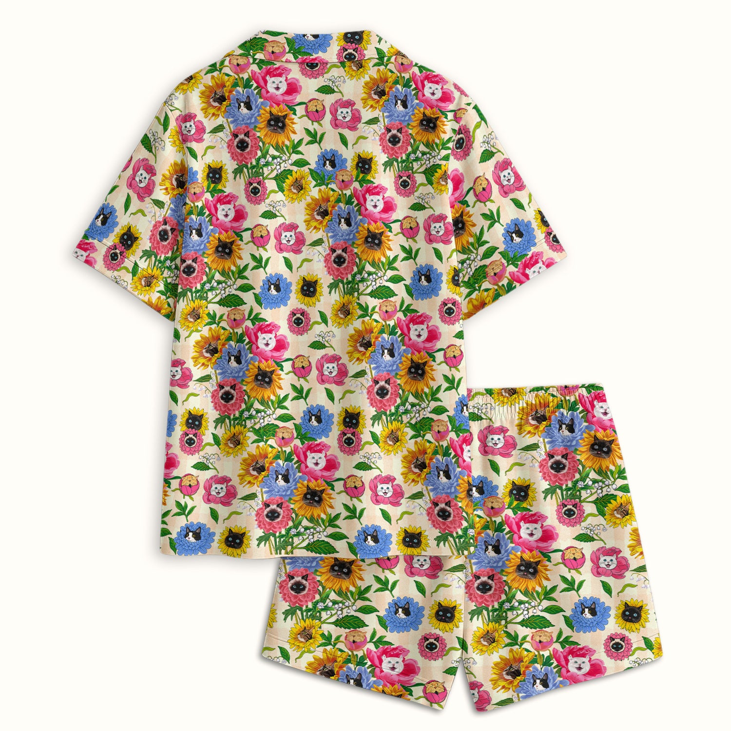 Cat Face Hidden In Colorful Flower Garden Pajama Set, Breathable Fabrics Uniform