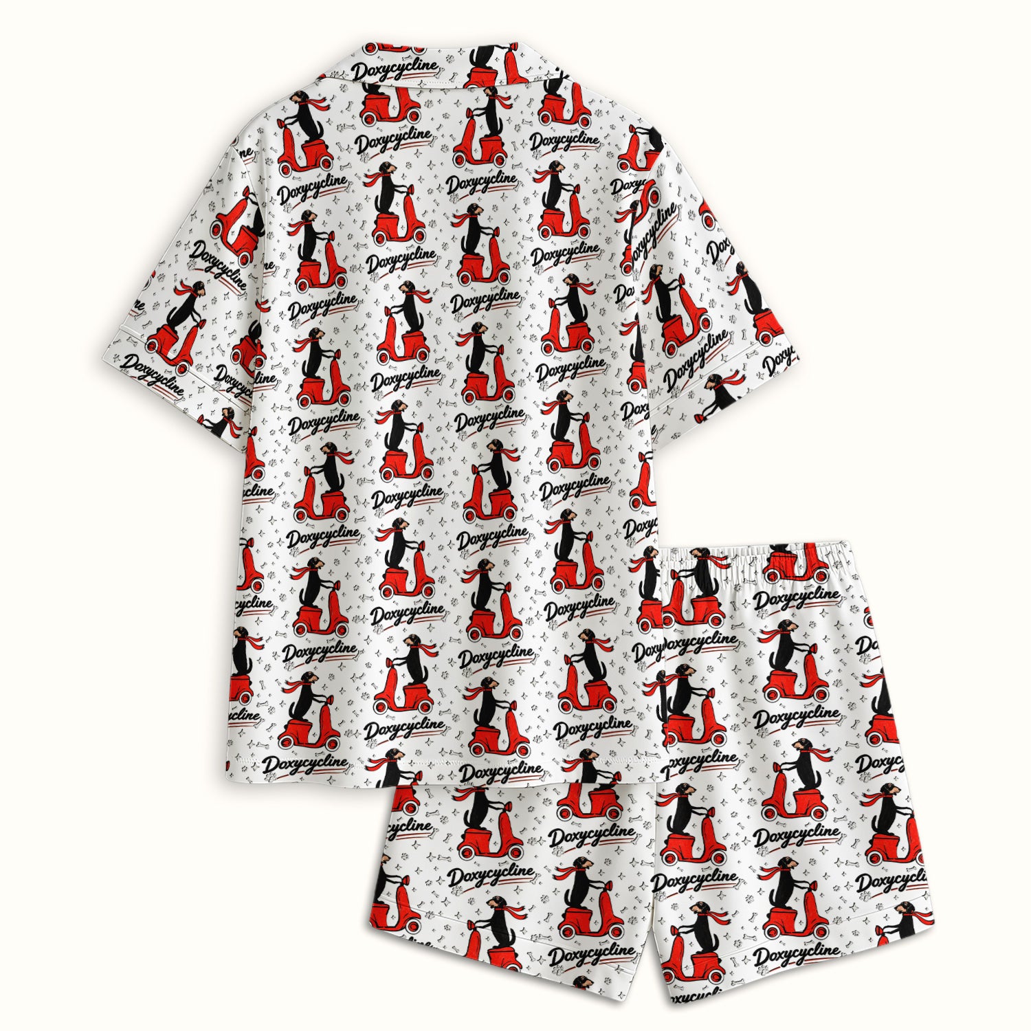 Funny Dachshund Riding Scooter Doxycycline Print Pajama Set, Breathable Fabrics Uniform