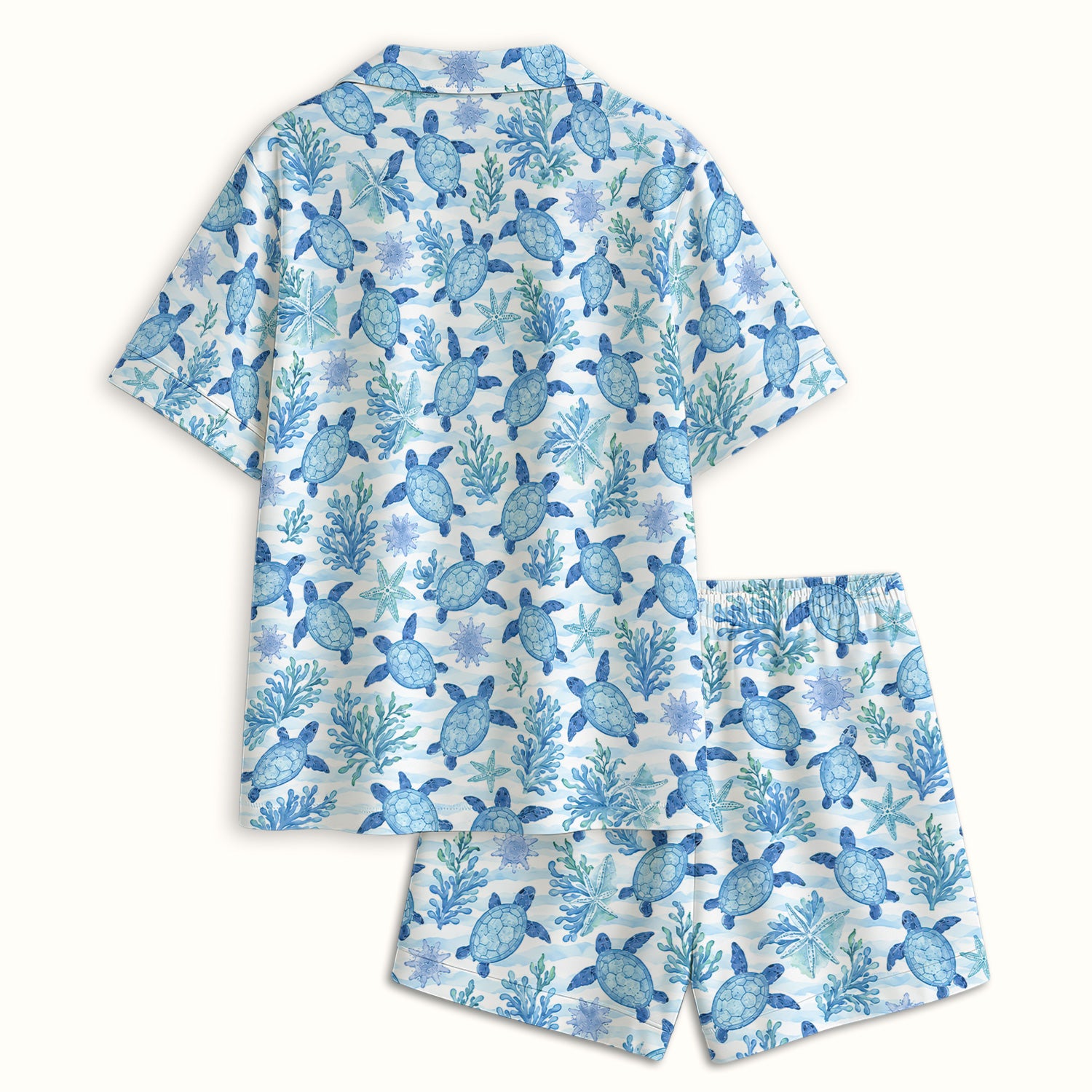 Cute Coastal Sea Turtle Coral Pattern Pajama Set, Soft Breathable Fabric Comfortable Sleepwear