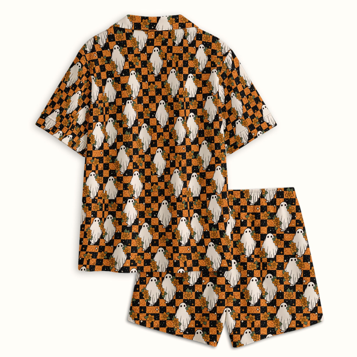 Spooky Halloween Ghost Checkerboard Pajama Set, Soft Breathable Fabric Comfortable Sleepwear
