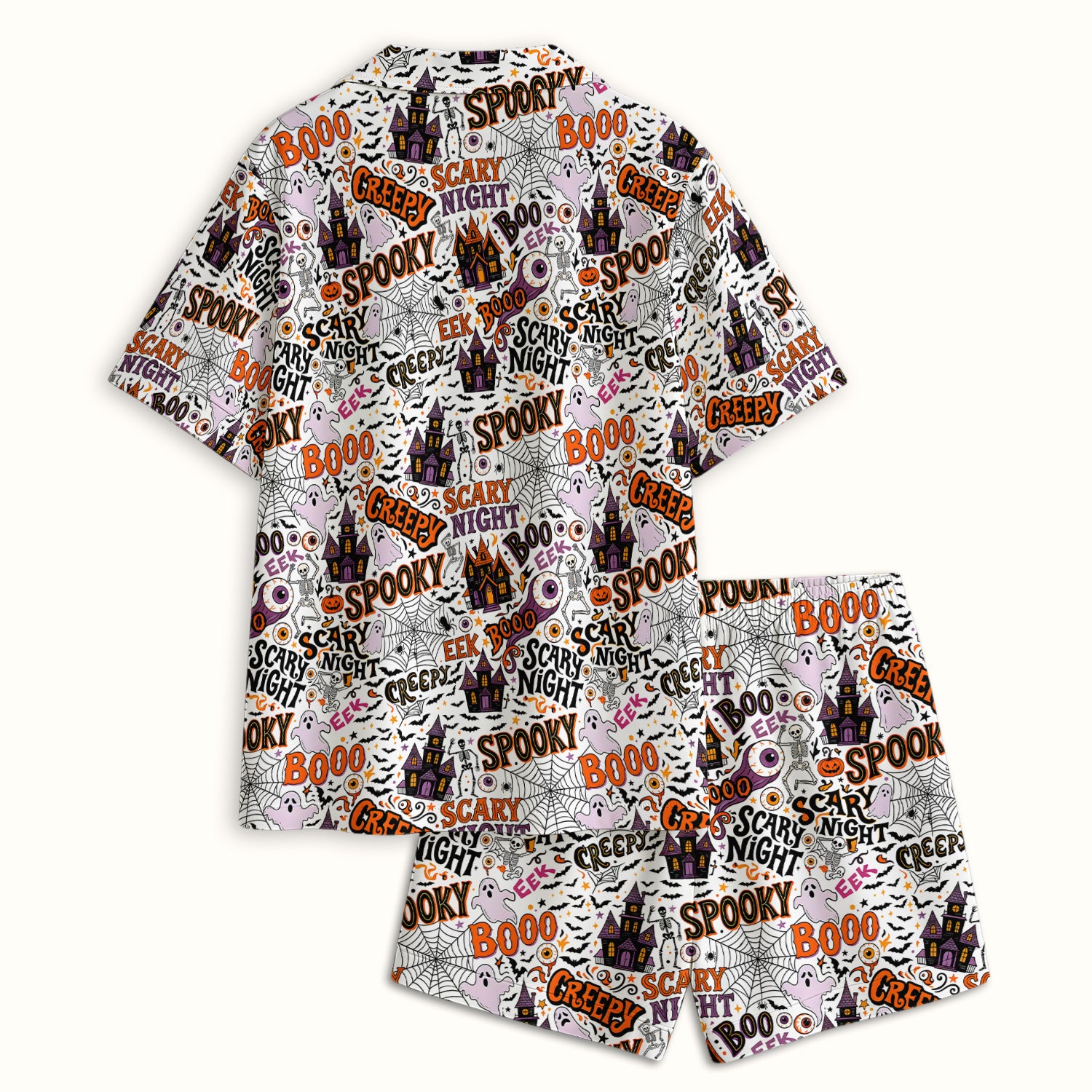 Spooky Halloween Haunted House Typography Pajama Set, Soft Breathable Fabric Comfortable Sleepwear
