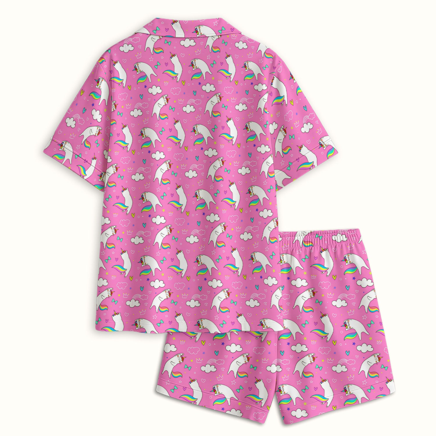 Unicorn Cat With Rainbow Tail Clouds Pajama Set, Soft Breathable Fabric Comfortable Sleepwear