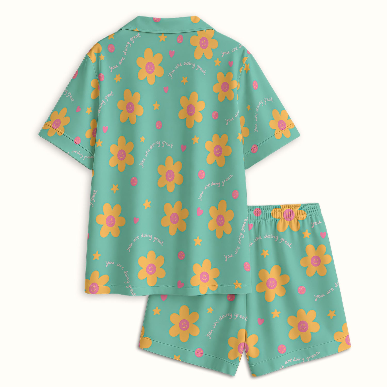 Cheerful Smiley Flower Pattern, Positive Medical Pajama Set, Soft Breathable Fabric Comfortable Sleepwear