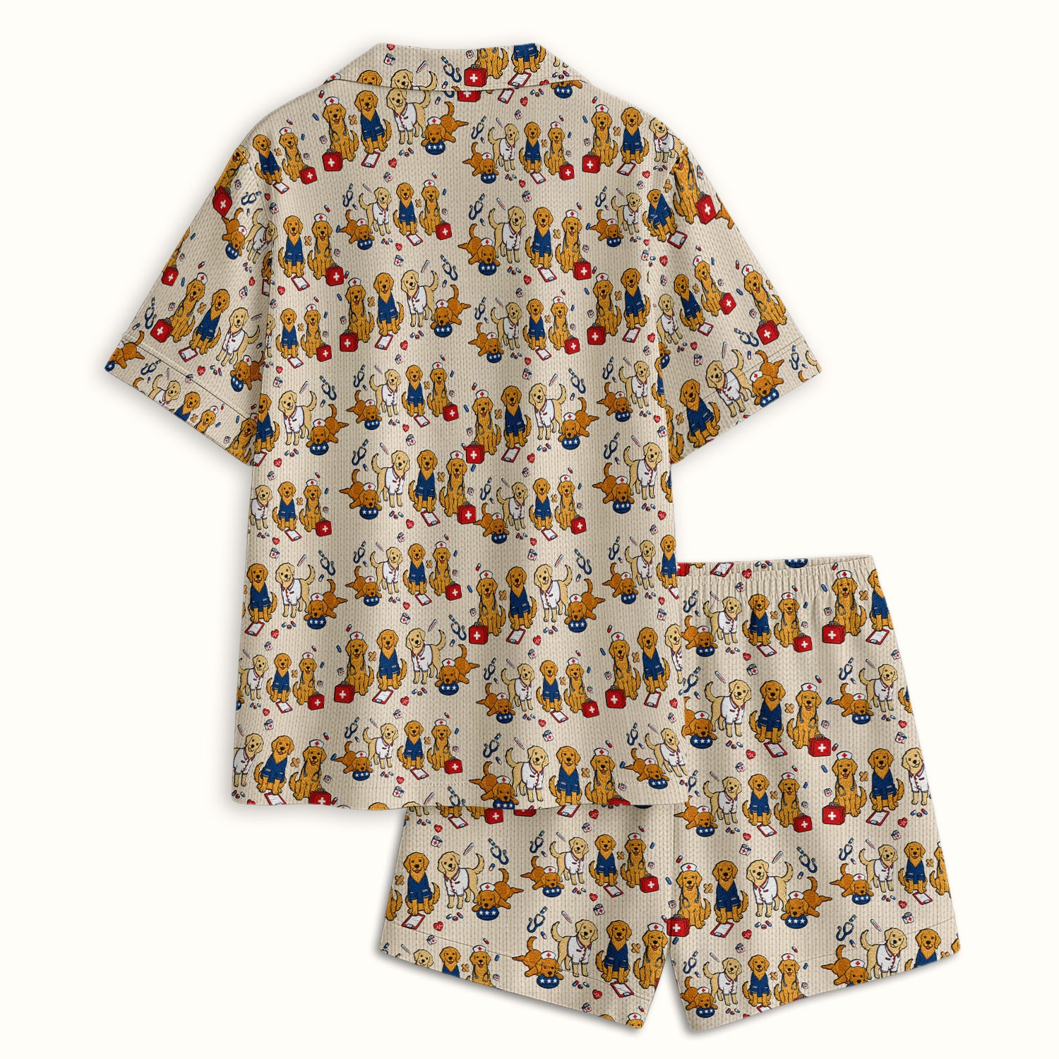 Golden Retriever Nurse Dog Pattern Scrub Top, Breathable Fabrics Nursing Uniform Pajama Set, Soft Breathable Fabric Comfortable Sleepwear