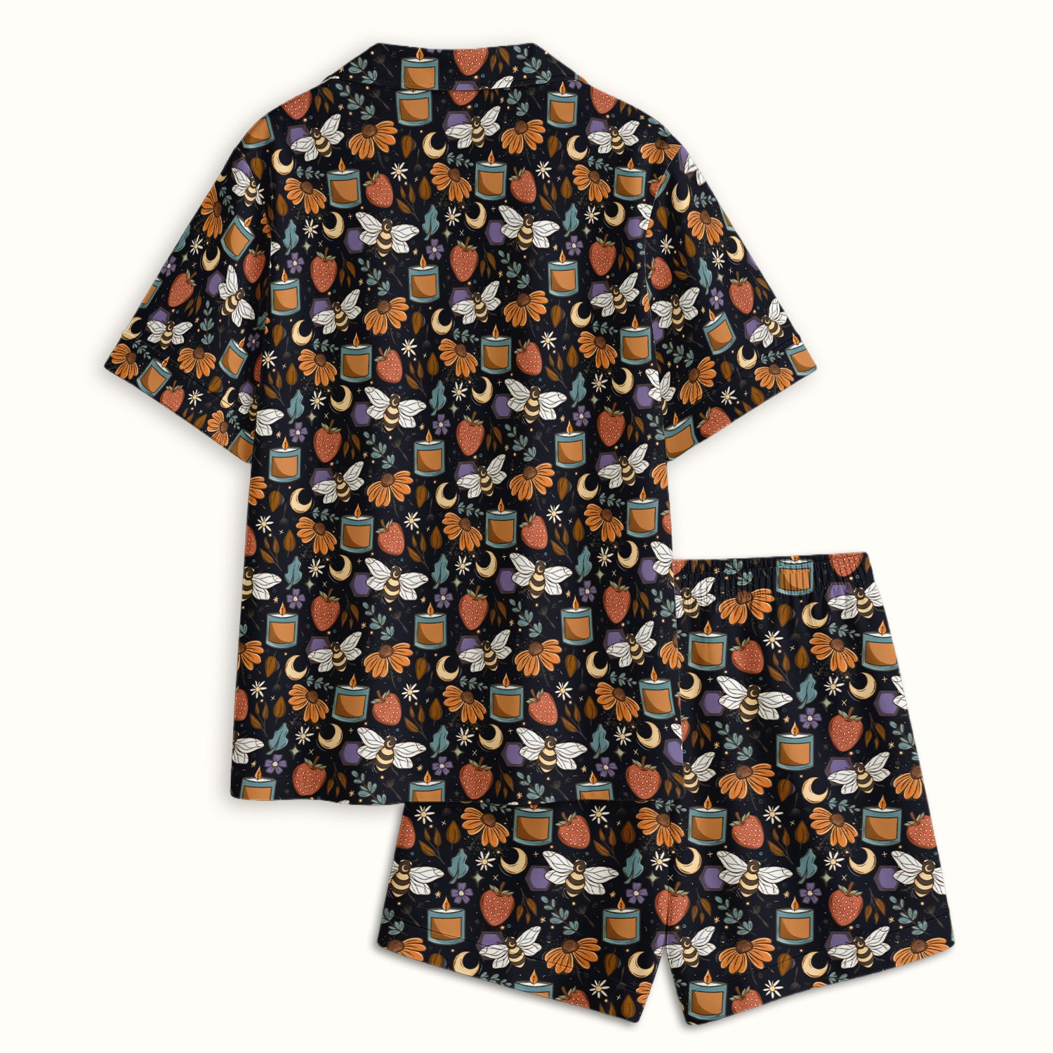 Bee Strawberry Floral Candle Pattern Pajama Set, Breathable Fabrics Uniform