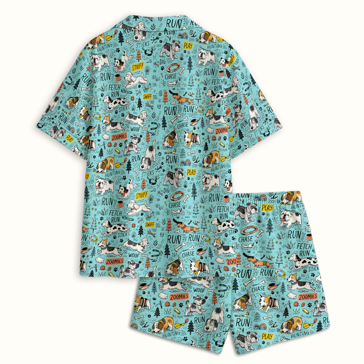 Playful Cartoon Puppy Adventure Pattern Pajama Set, Soft Breathable Fabric Comfortable Sleepwear
