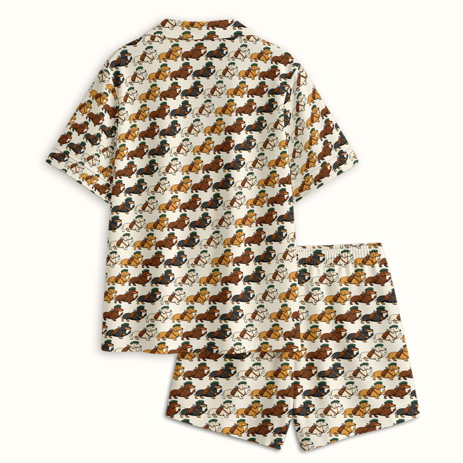 Cartoon Dachshund Dog Wearing Hat And Backpack Pattern Pajama Set, Soft Breathable Fabric Comfortable Sleepwear