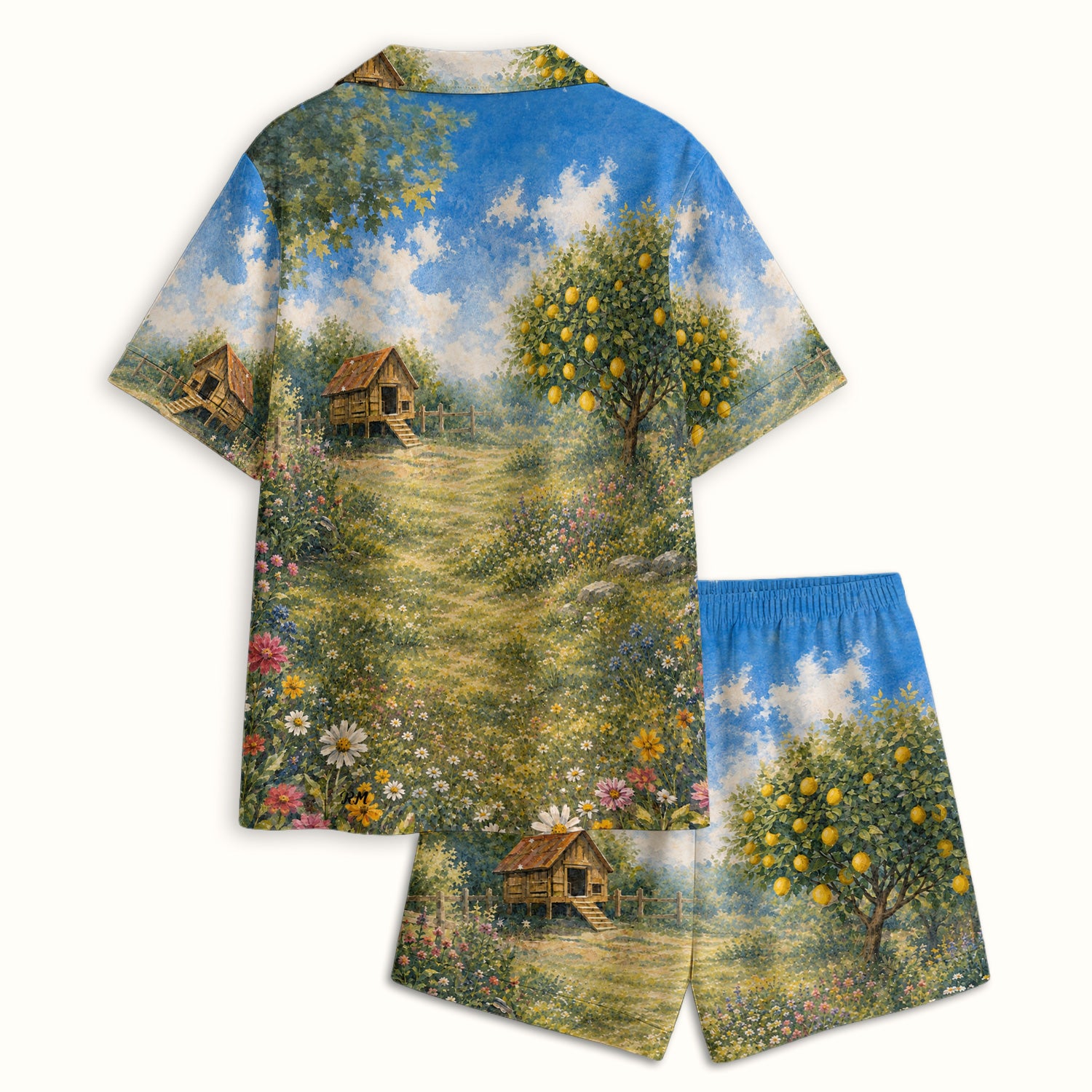 Adorable Raccoon Family Garden Pattern Pajama Set, Soft Breathable Fabric Comfortable Sleepwear