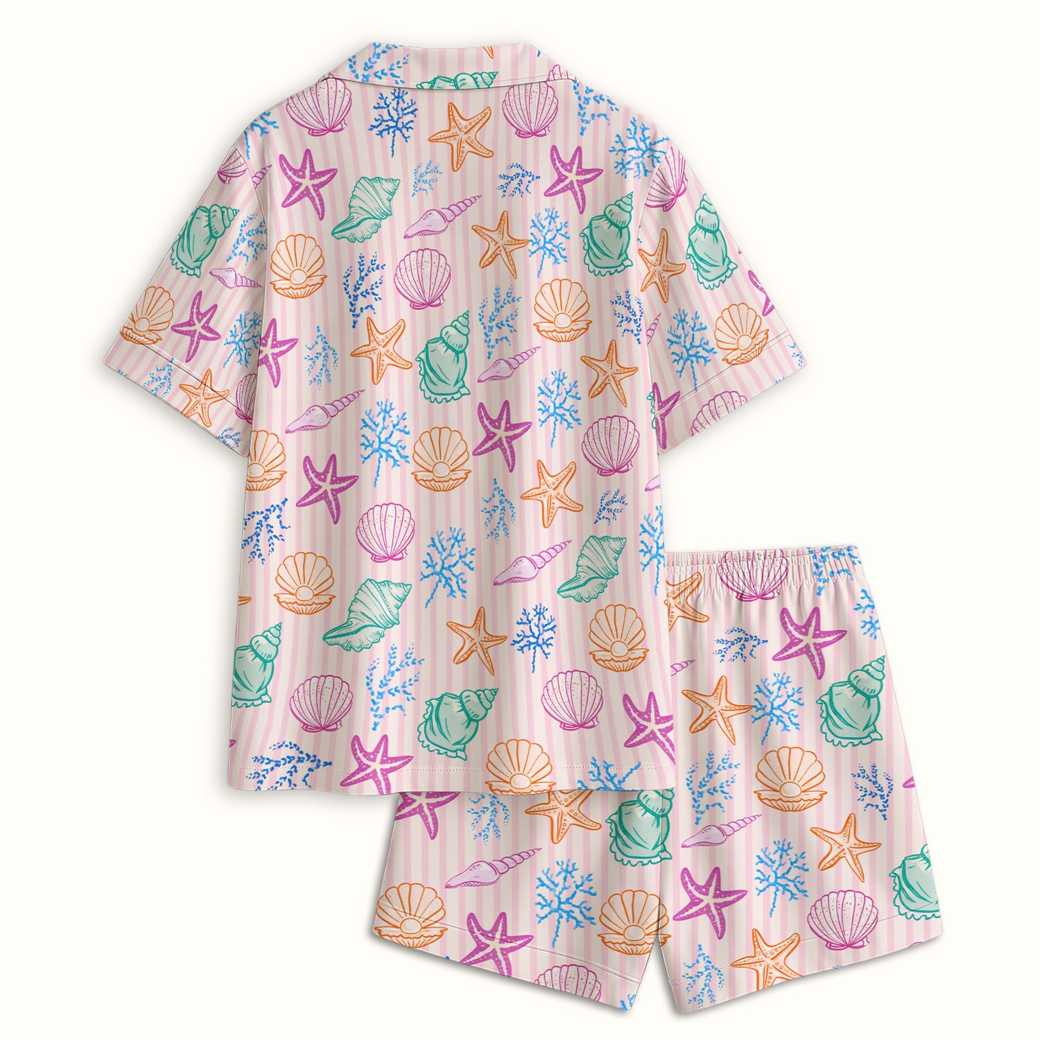 Colorful Seashell Starfish Ocean Stripe Pattern Pajama Set, Breathable Fabrics Uniform