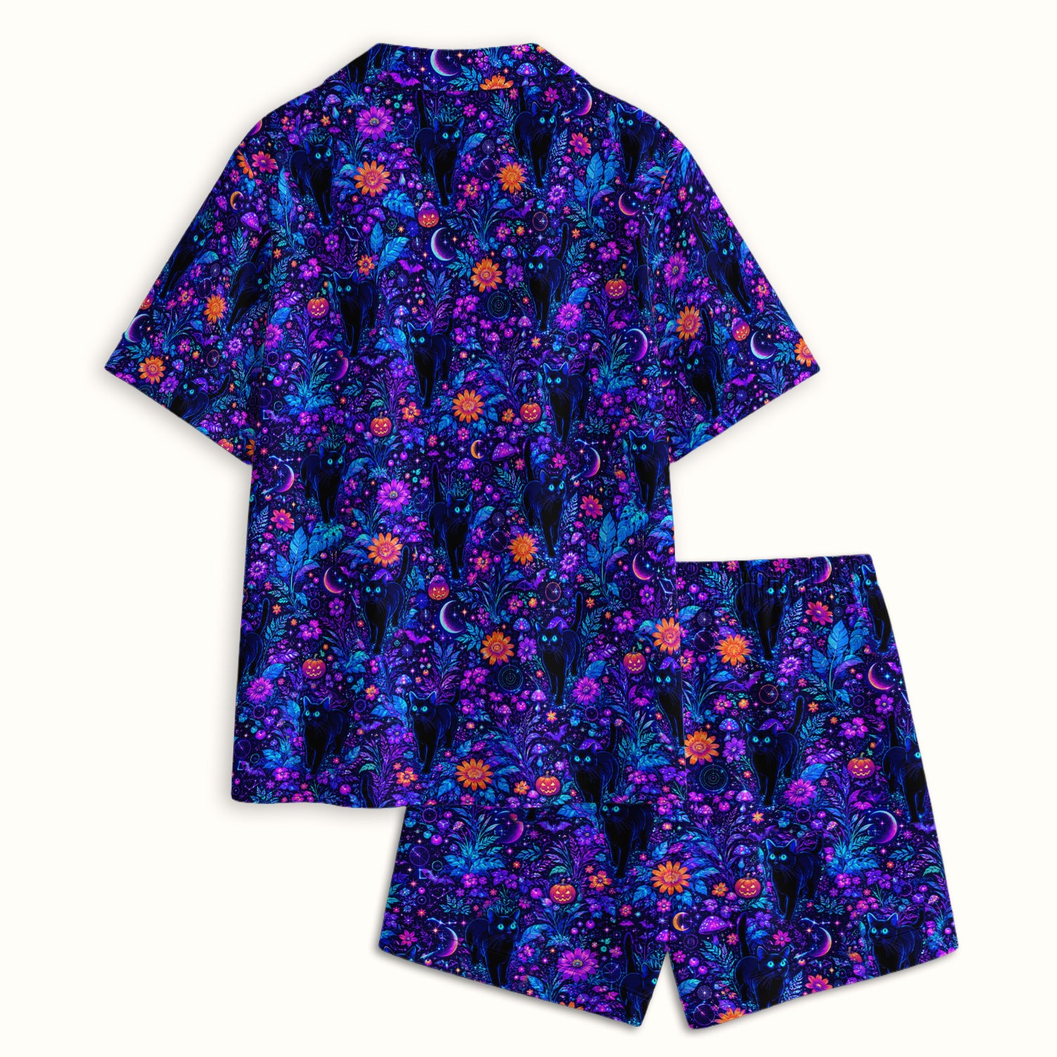 Halloween Black Cat Floral Print Pajama Set, Soft Breathable Fabric Comfortable Sleepwear