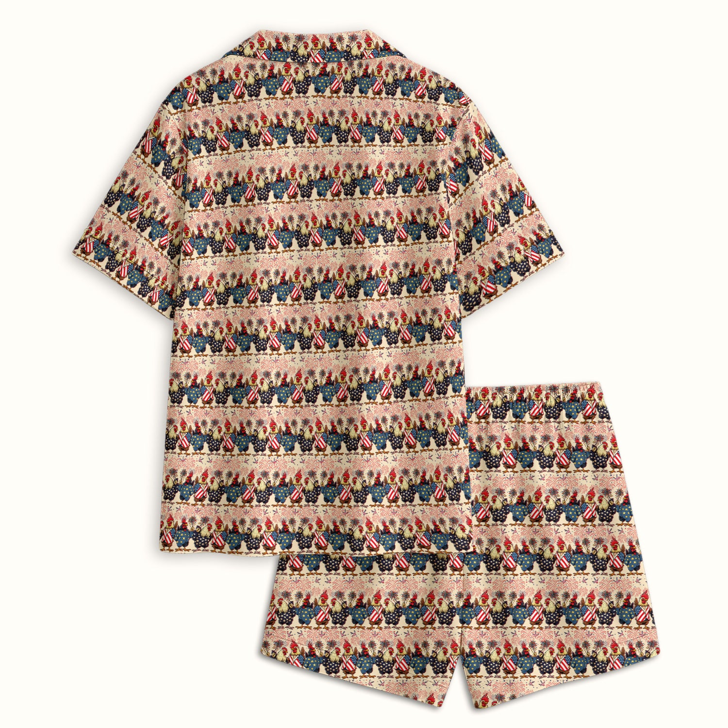Patriotic Rooster Fireworks Pattern Pajama Set, Breathable Fabrics Uniform