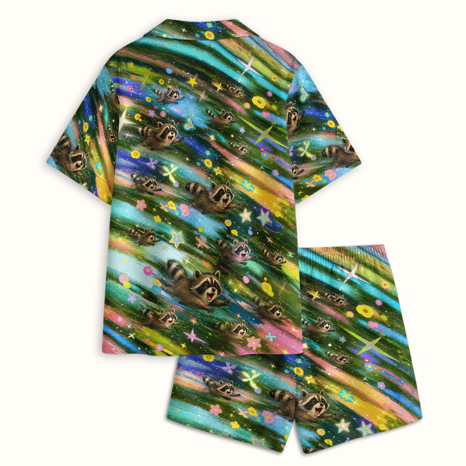 Cute Raccoon Rainbow Dash Pattern Pajama Set, Soft Breathable Fabric Comfortable Sleepwear
