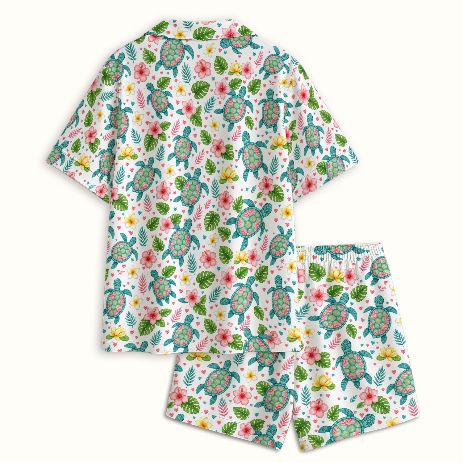 Tropical Sea Turtle Floral Pattern Pajama Set, Soft Breathable Fabric Comfortable Sleepwear