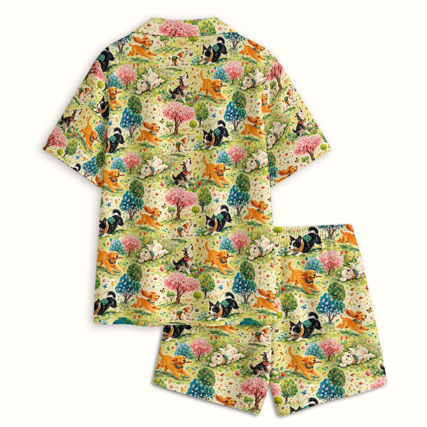 Playful Spring Garden Dogs Pattern Pajama Set, Soft Breathable Fabric Comfortable Sleepwear