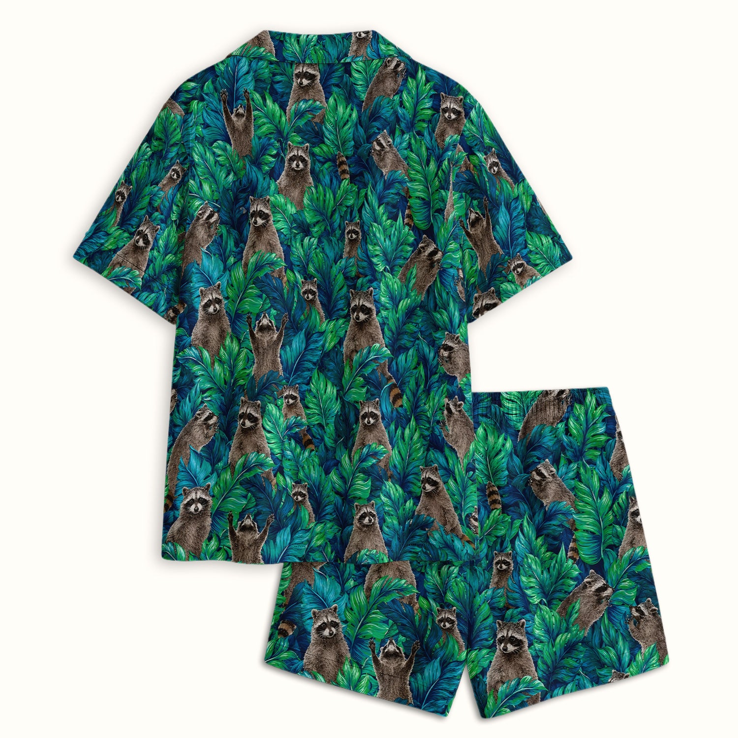 Tropical Raccoon Jungle Leaves Pattern Pajama Set, Soft Breathable Fabric Comfortable Sleepwear