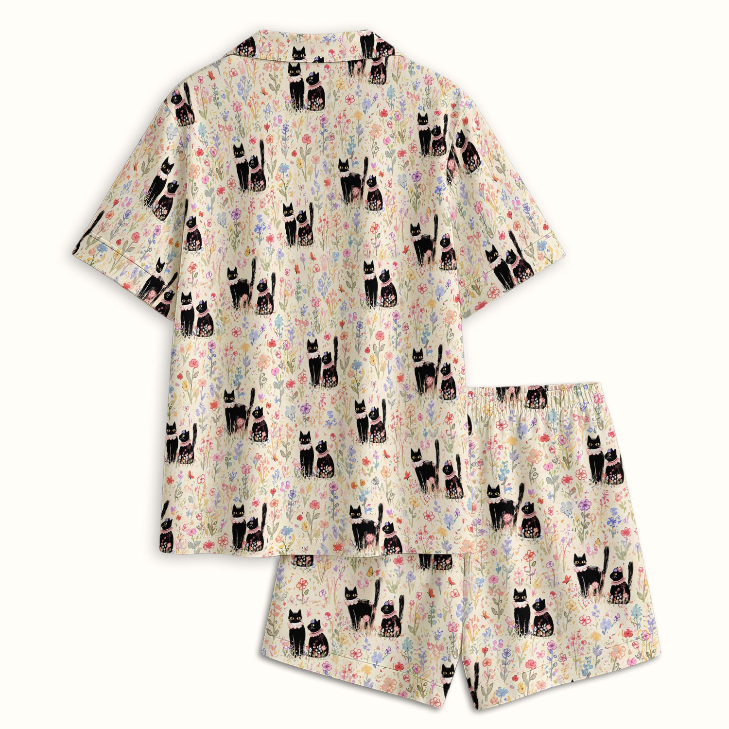 Cute Black Cats Wildflower Garden Pattern Pajama Set, Soft Breathable Fabric Comfortable Sleepwear