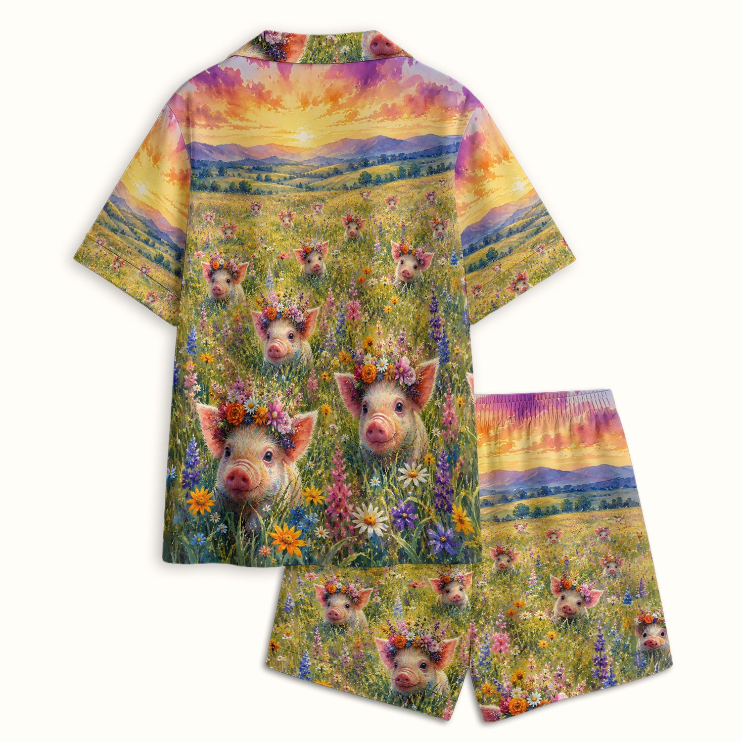 Cute Floral Piglet Pediatric Pattern Pajama Set, Soft Breathable Fabric Comfortable Sleepwear