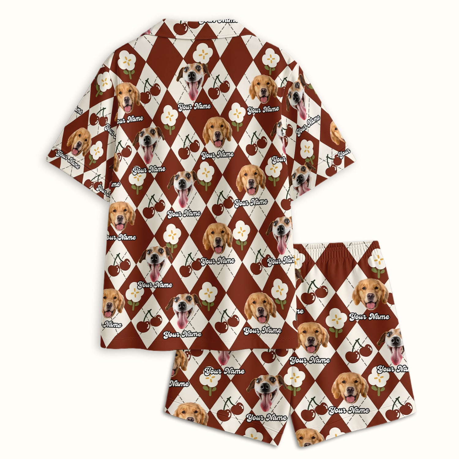 Custom Dog Face Pajama Set, Playful Dog Cherry Argyle Pattern, Soft Breathable Fabric Comfortable Sleepwear
