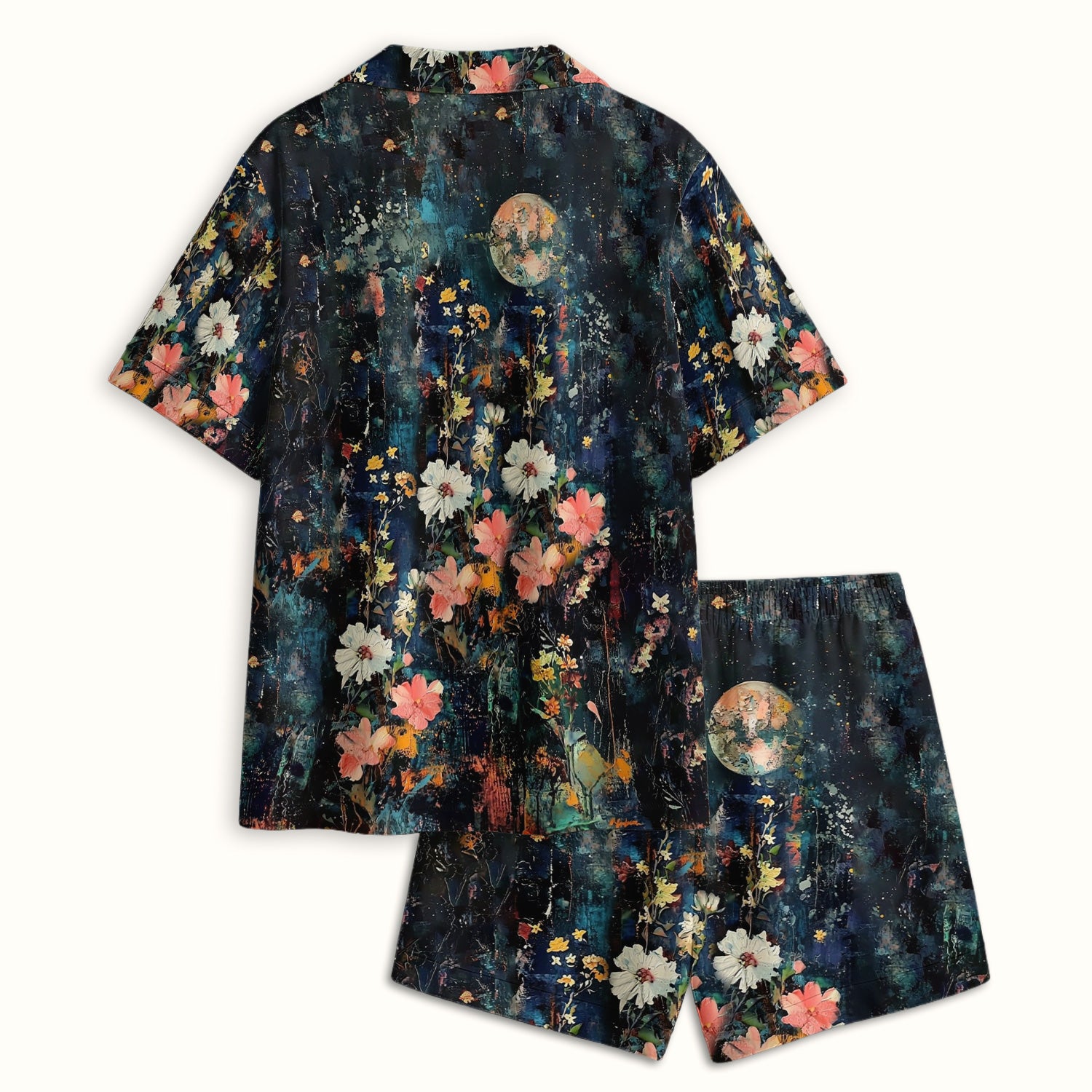 Moonlit Barn Owl Floral Pattern Pajama Set, Soft Breathable Fabric Comfortable Sleepwear